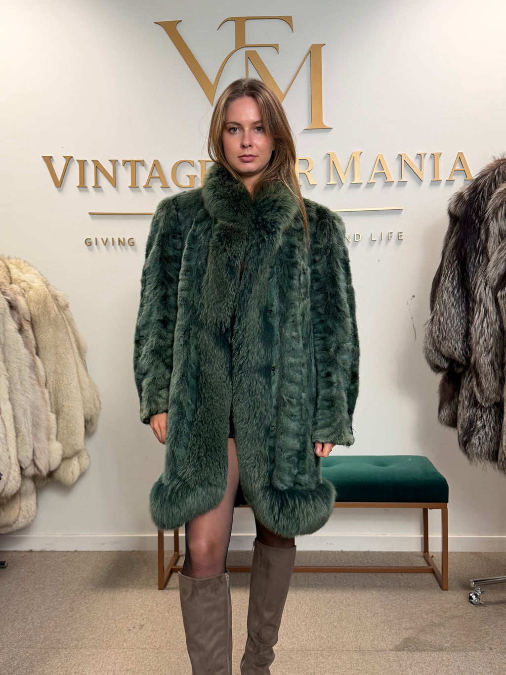 Green Dyed Mink Fur Coat with Fox Collar, XL
