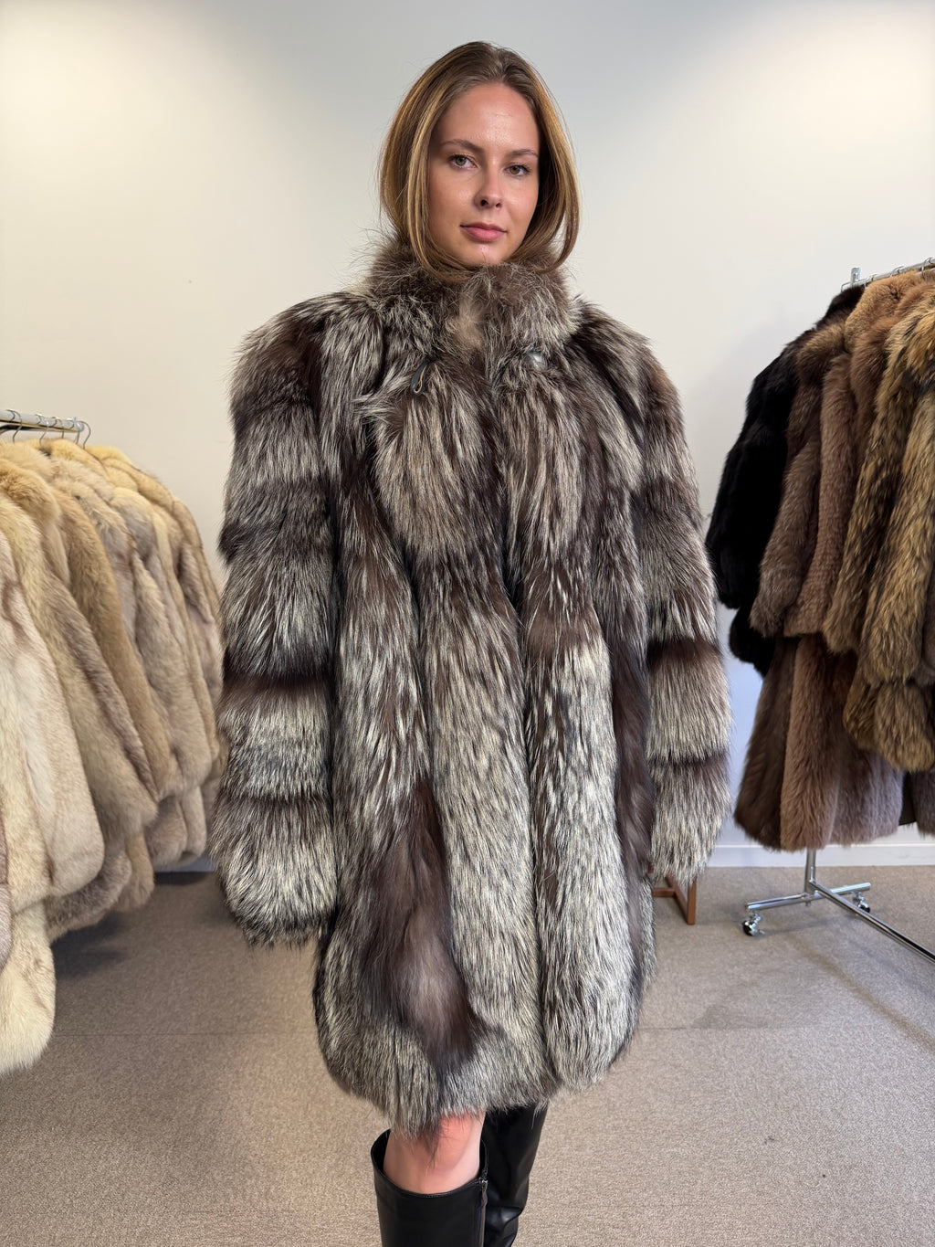 Real Silver Fox Fur Coat, Oversized, Size XL