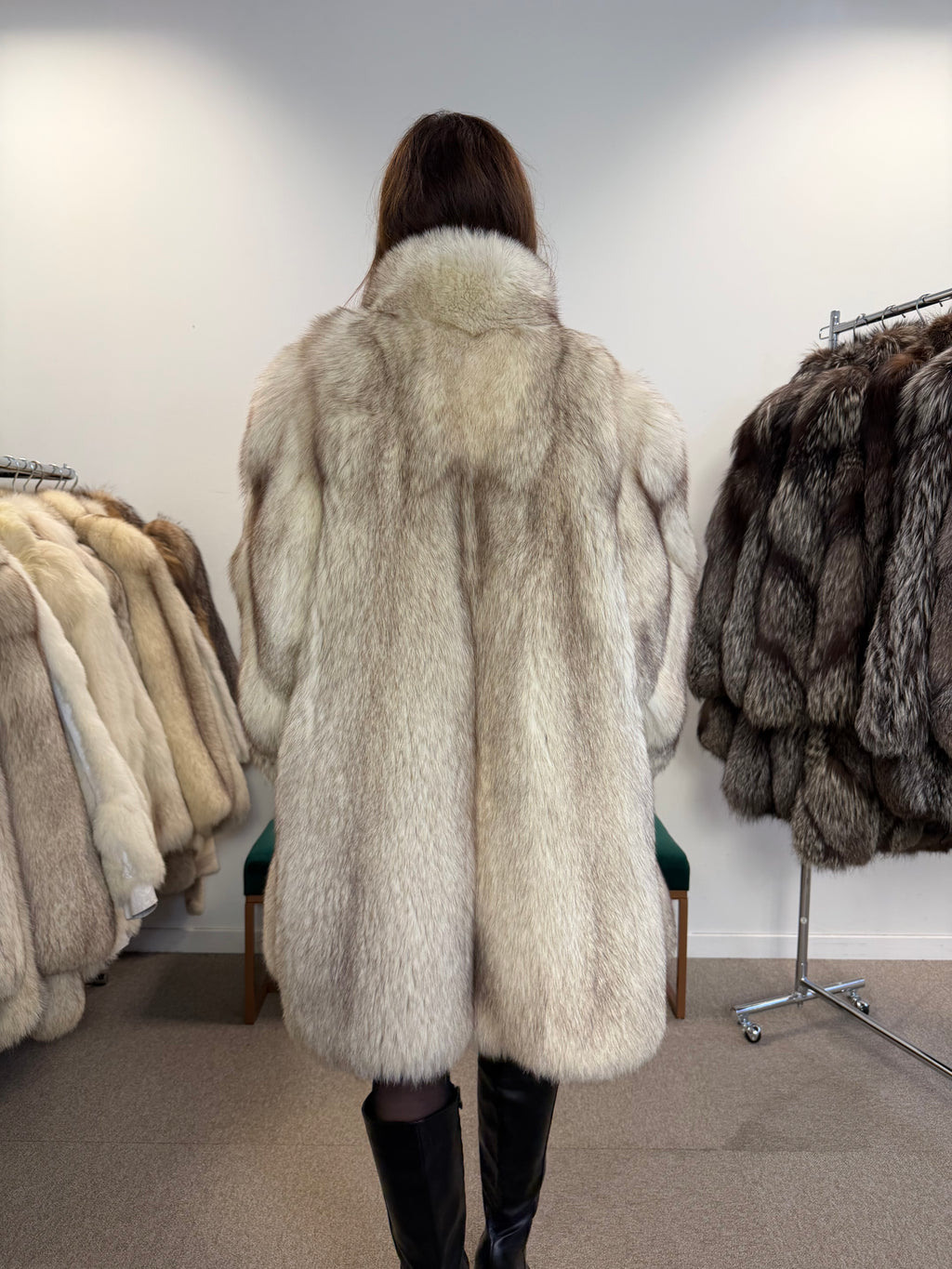 White Blue Fox Fur Coat, Size XL