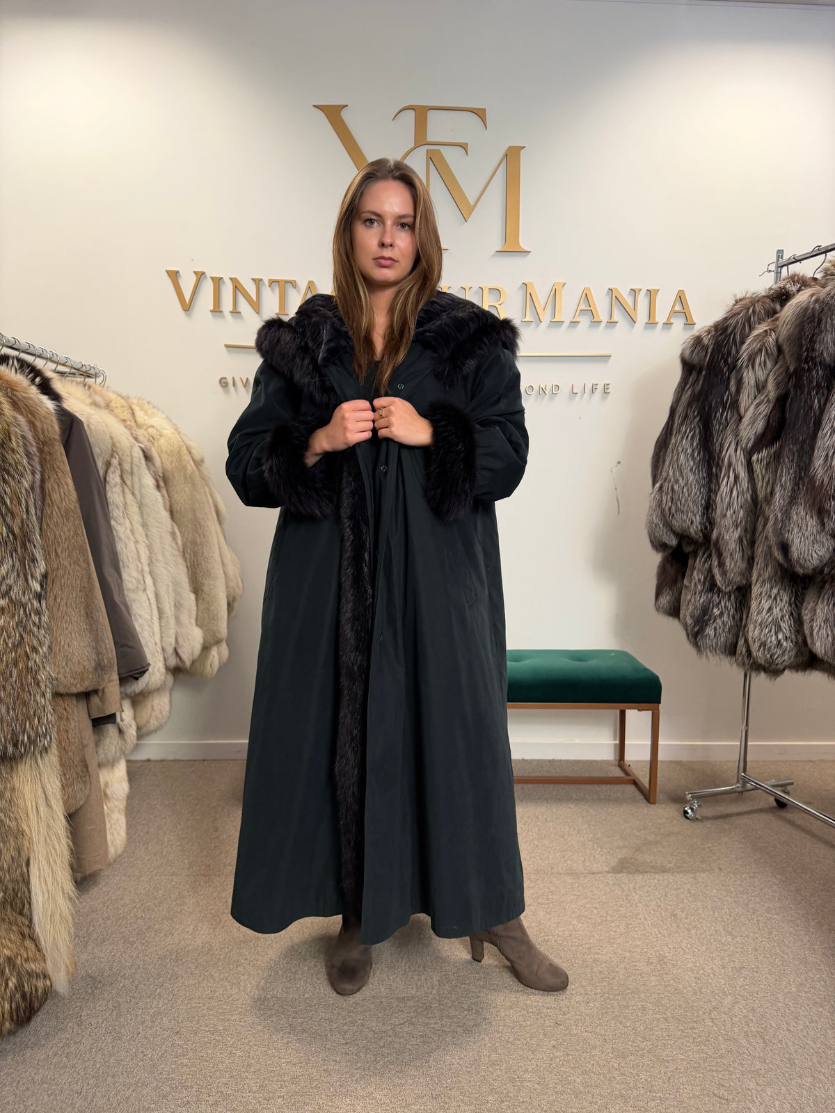 Blue & Black Mink-Lined Overcoat, XL, Hooded, Fox Collar