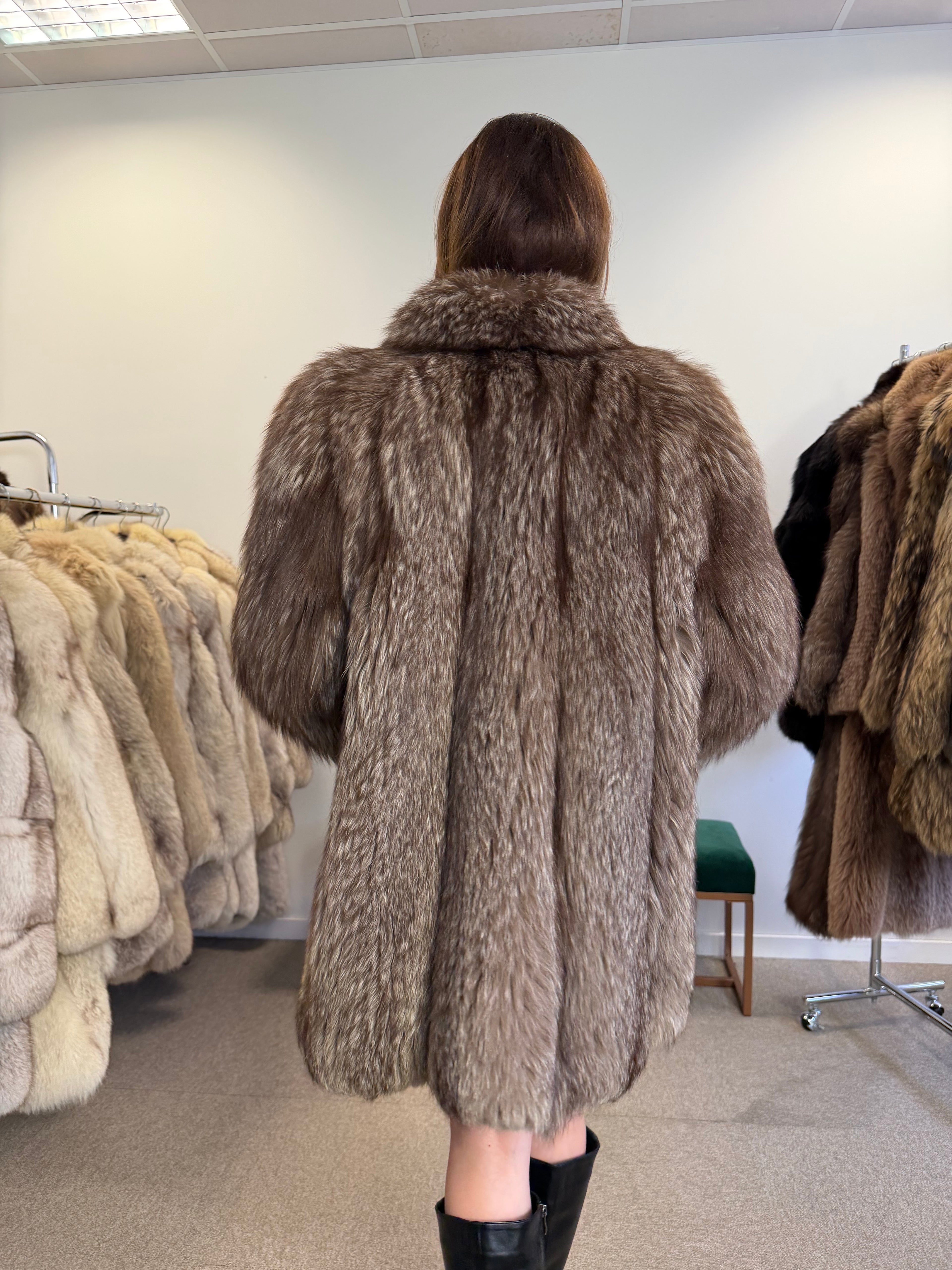 Silver Fox Fur Coat, Hip Length, Size L