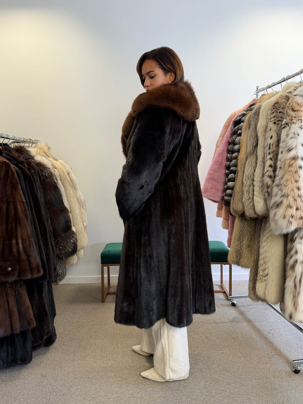 Mink Fur Coat, Dark Brown, SAGA Mink with brown fox Collar, L size