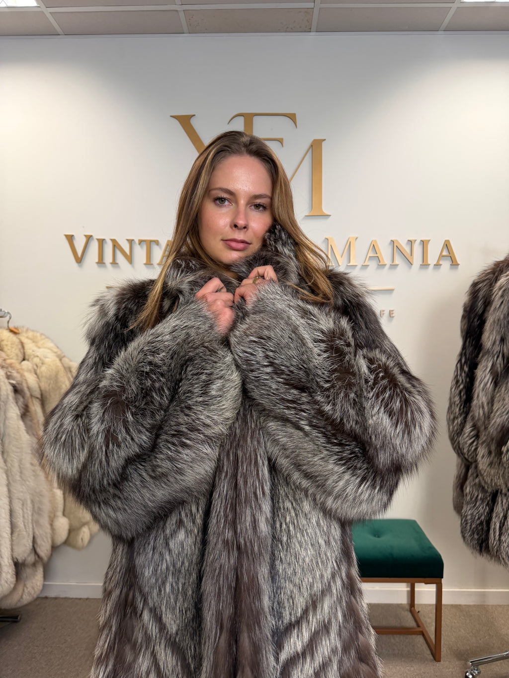 Silver Fox Fur Coat, Medium, Trimmed, Luxury