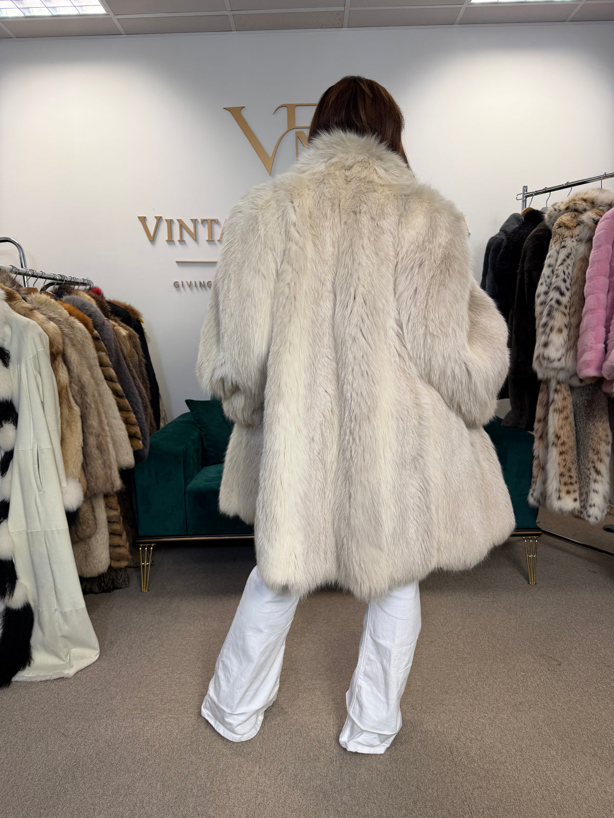 White Nordic Fox Fur Coat, One Size up to 4XL, Open Front