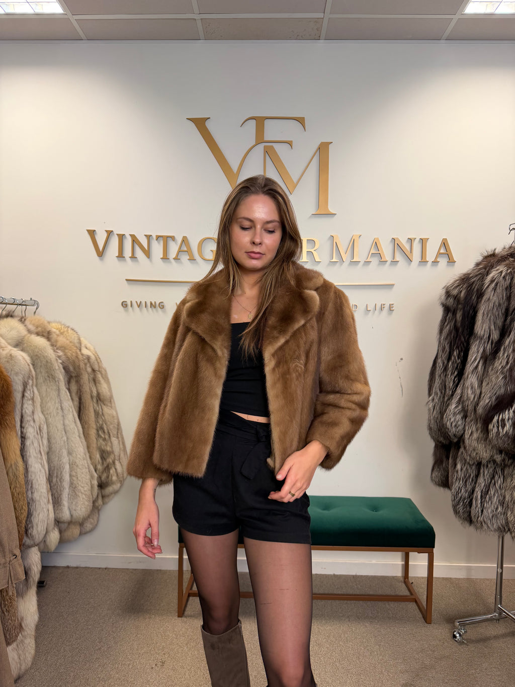 Light Beige Mink Fur Jacket, Medium, Short Sleeves