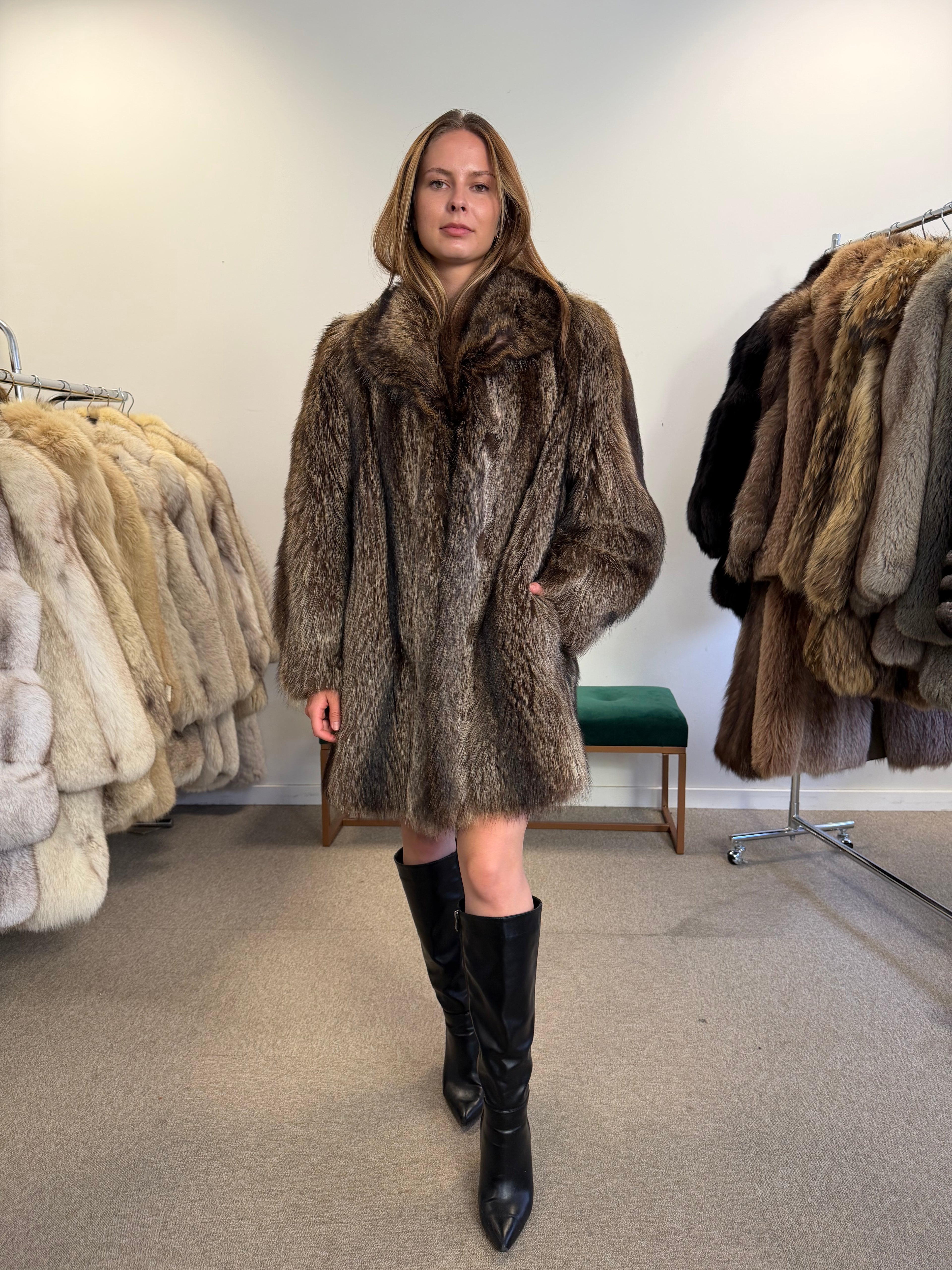Raccoon Fur Coat, Luxury Lining, Size M