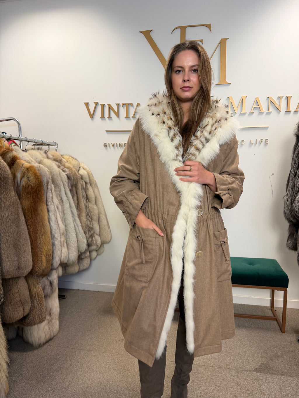 Light Beige Finn Raccoon Fur-Lined Overcoat, Medium
