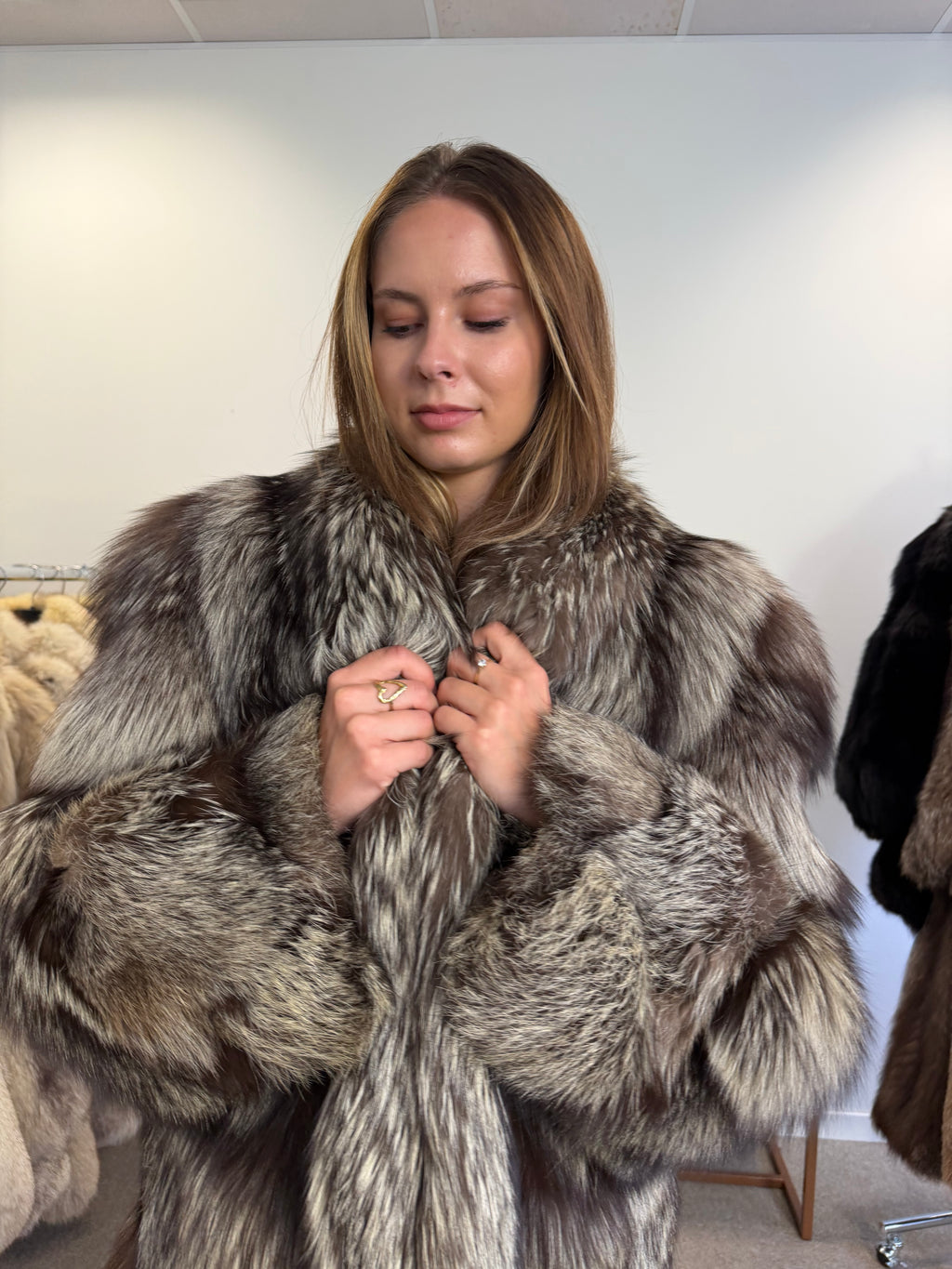 Real Silver Fox Fur Coat, Long Oversized, Size XL
