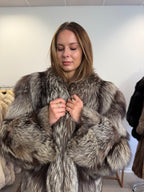Silver Fox Fur Coat, Long Oversized, Size XL