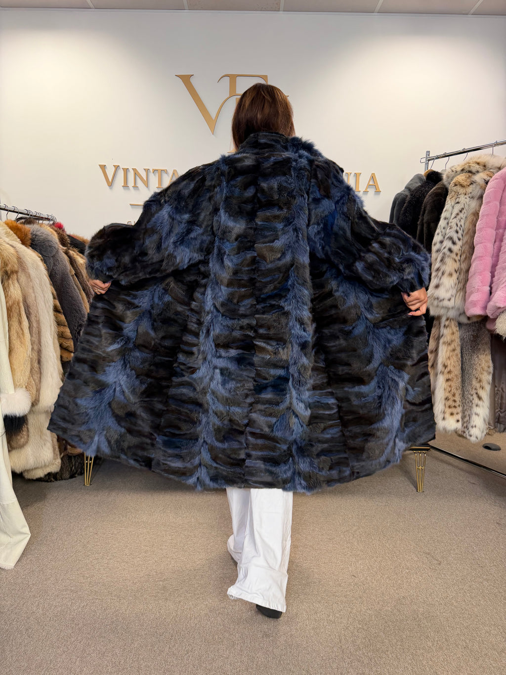 Blue & Black Dyed Fox Fur Coat, Large, Pieced