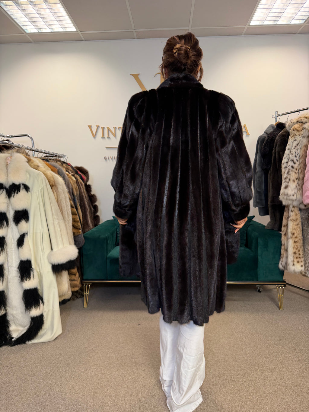 Dark Mink Fur Coat, Large, Swinger, Leather, Designer