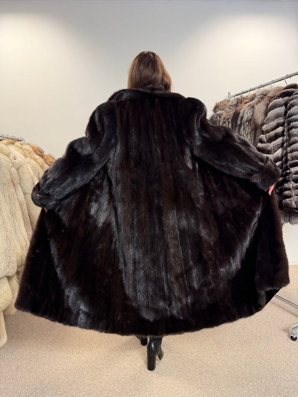 Mink Fur Coat, Dark Brown, Full Length, Size L
