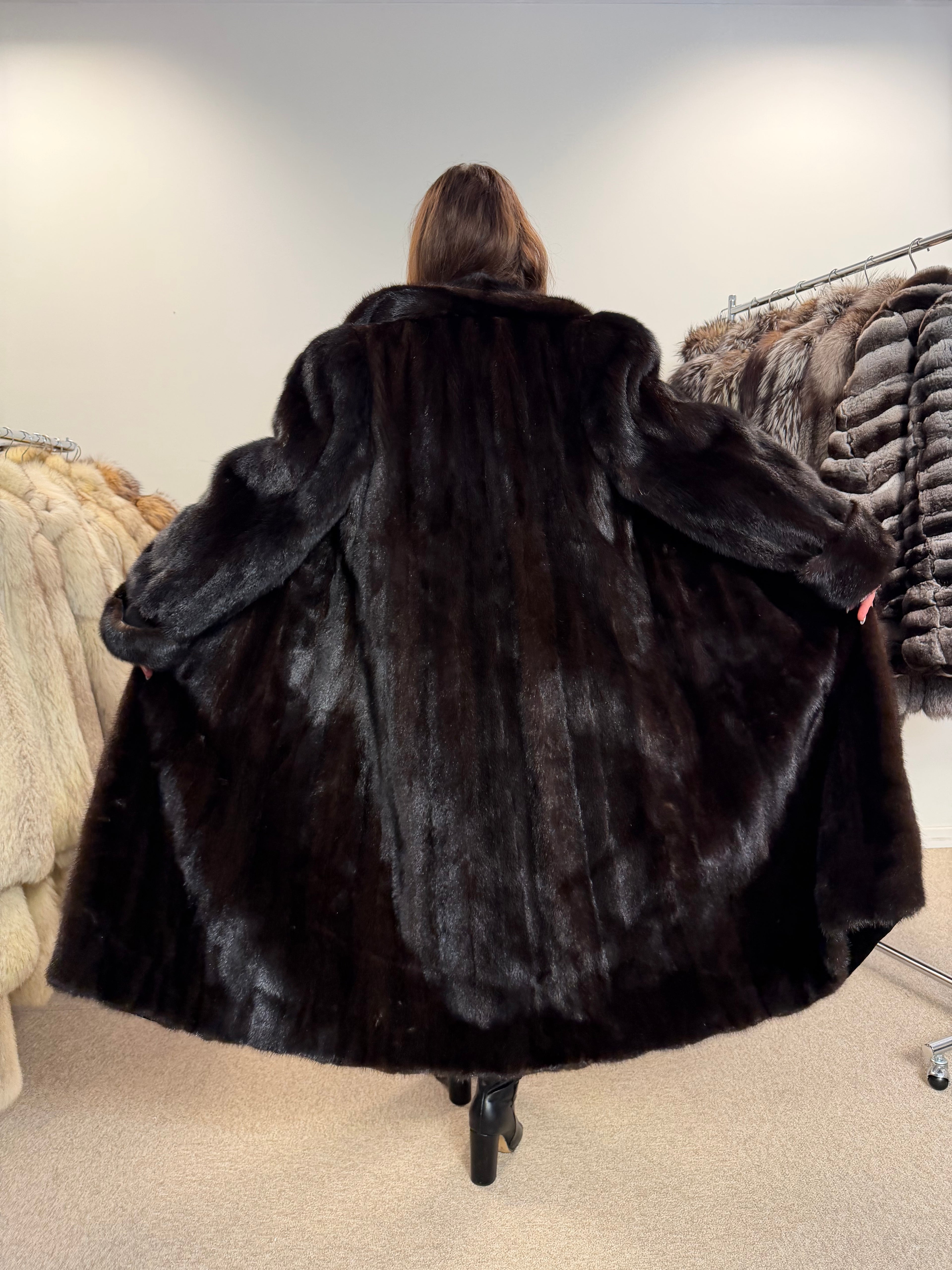 Mink Fur Coat, Dark Brown, Full Length, Size L
