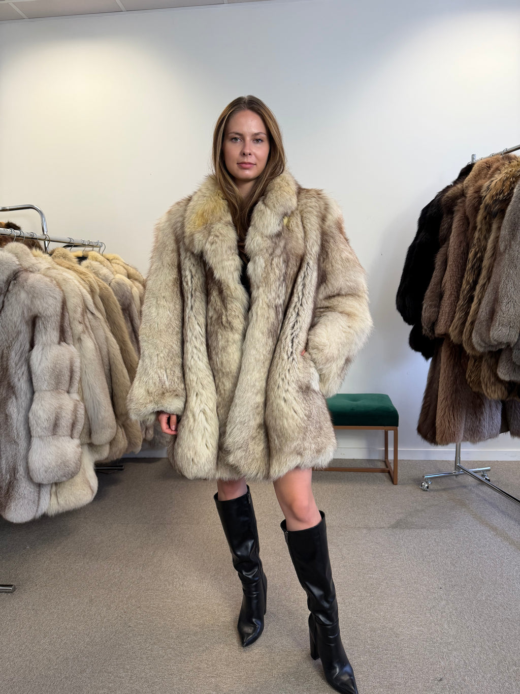 Fox Fur Coat, White, Size M