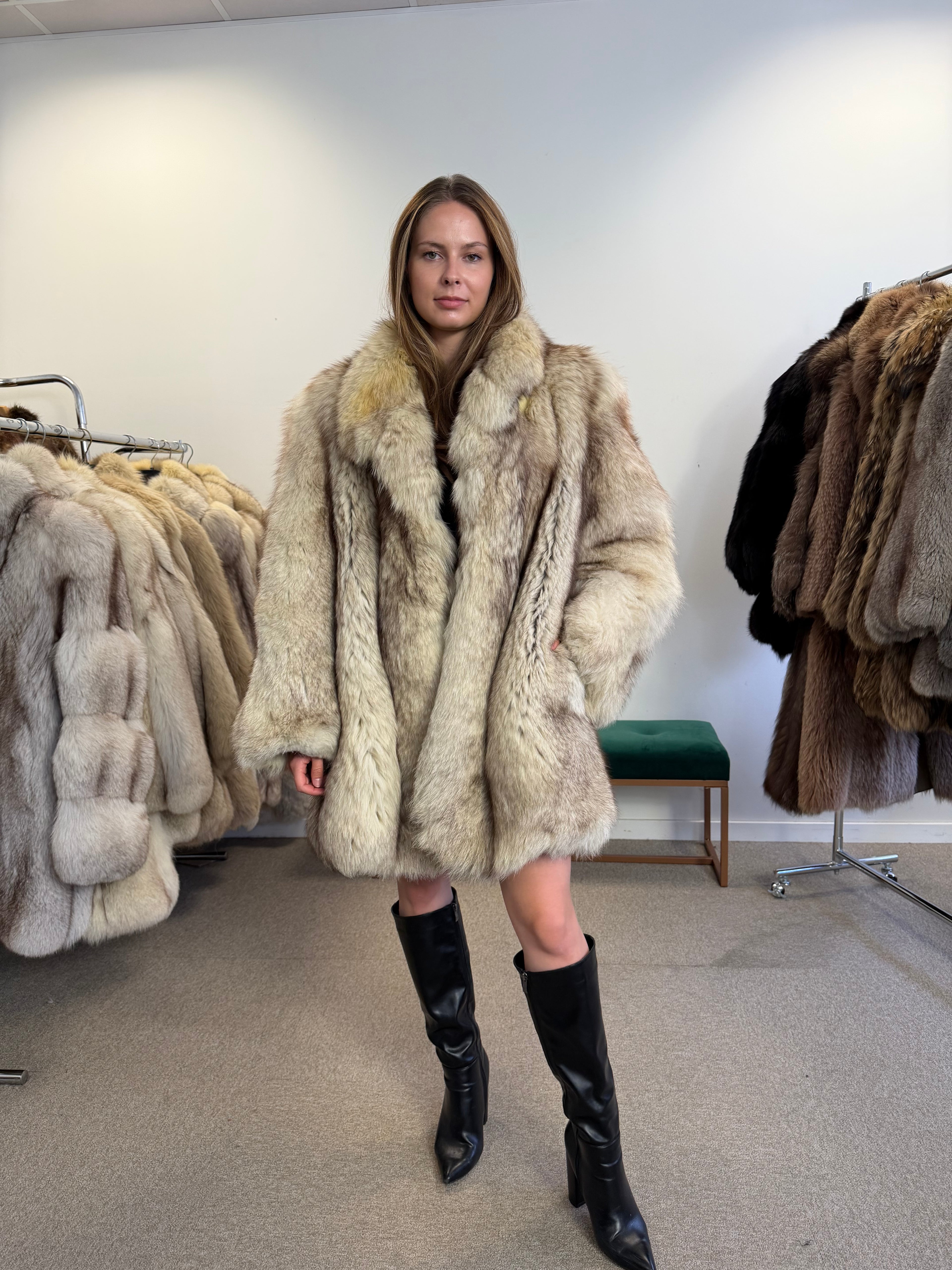 Fox Fur Coat, White, Size M