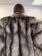 Silver Fox Fur Coat, Oversized, Size XL