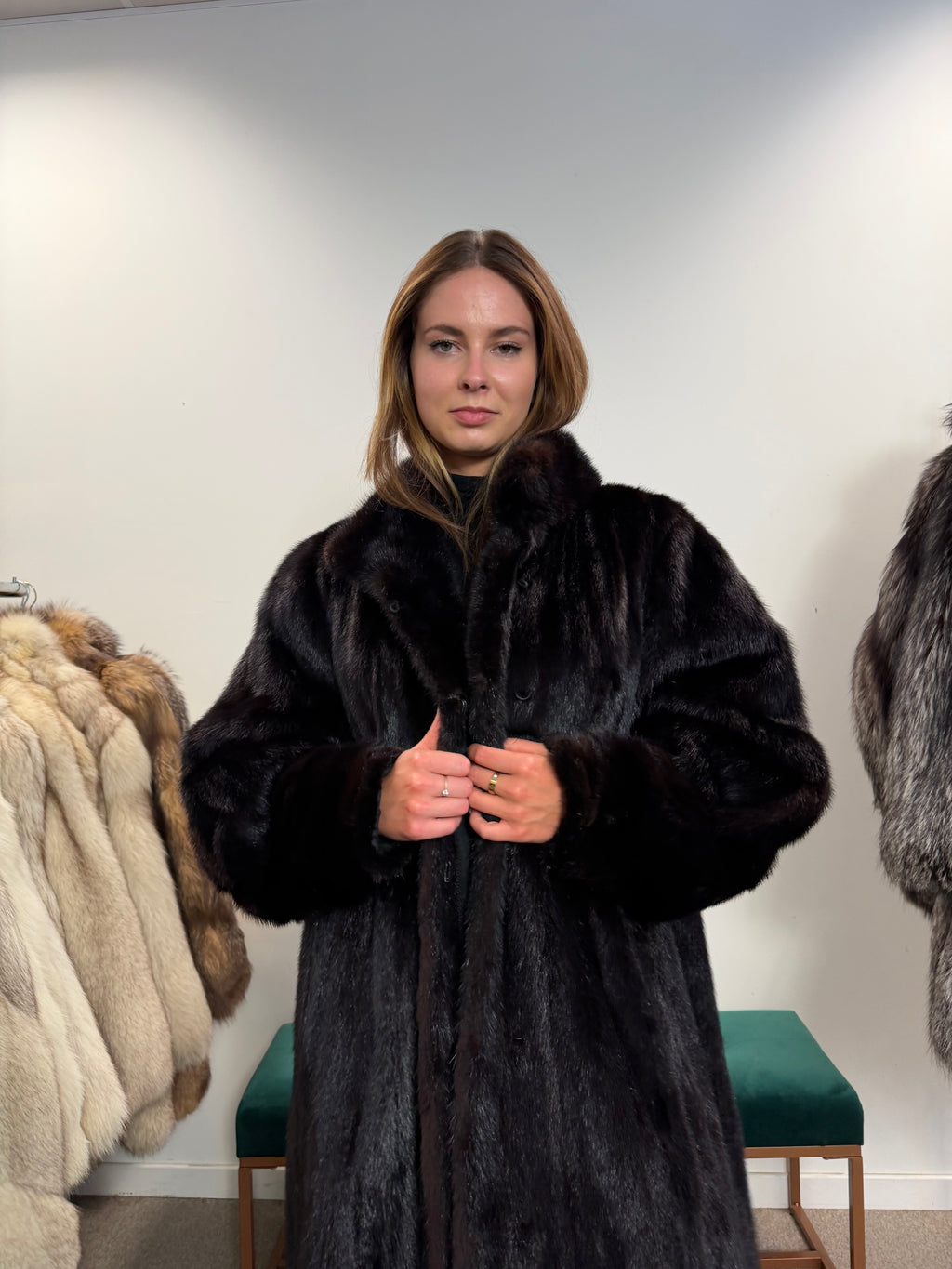 Mink Fur Coat, Black Brown, Full Length, Size XL