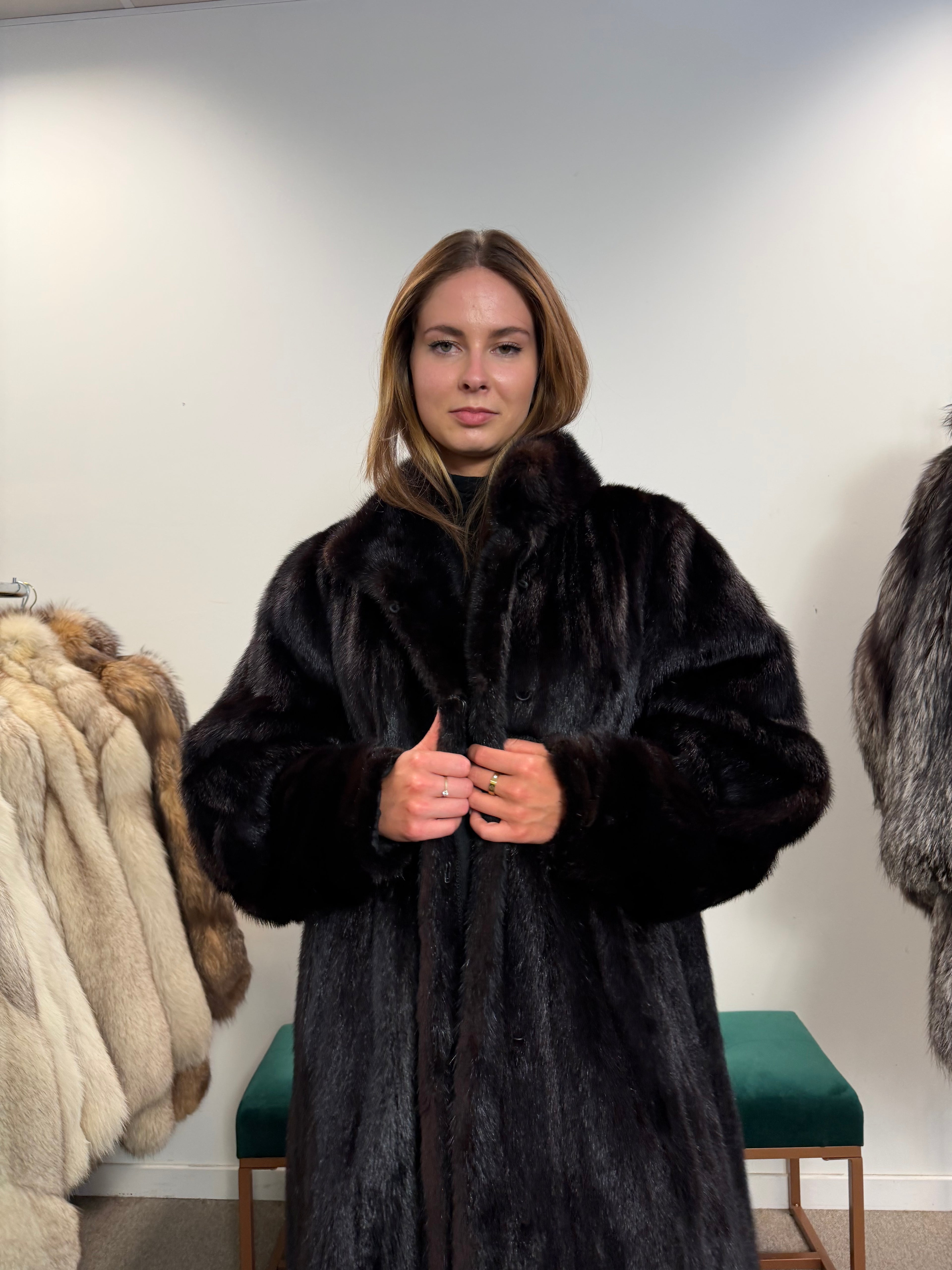 Mink Fur Coat, Black Brown, Full Length, Size XL