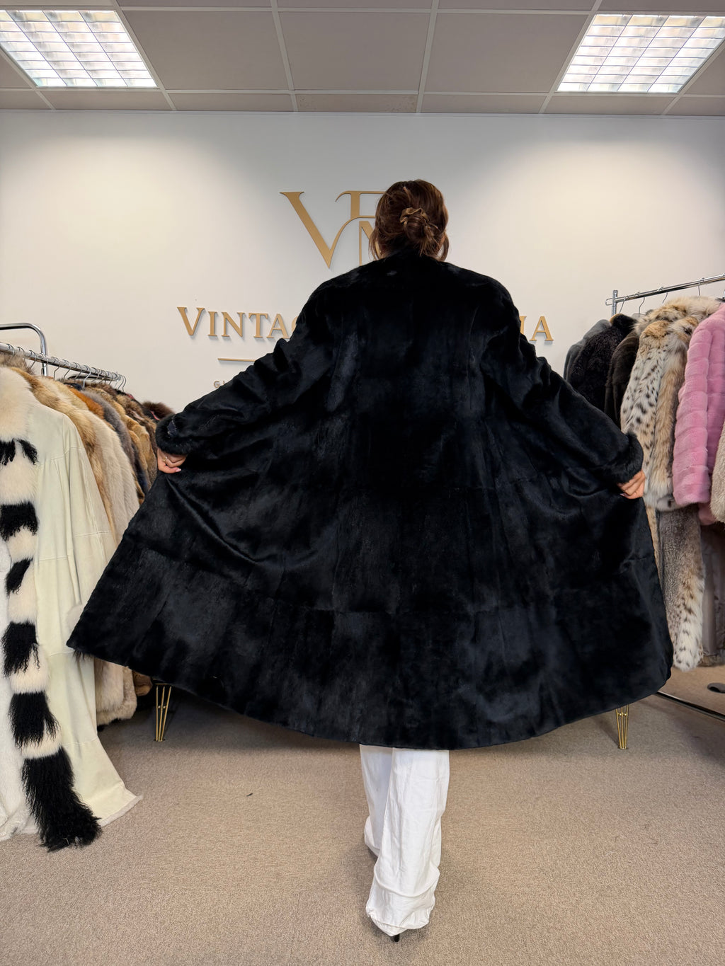 Black Sheared Rabbit Fur Coat, Small, Full Length