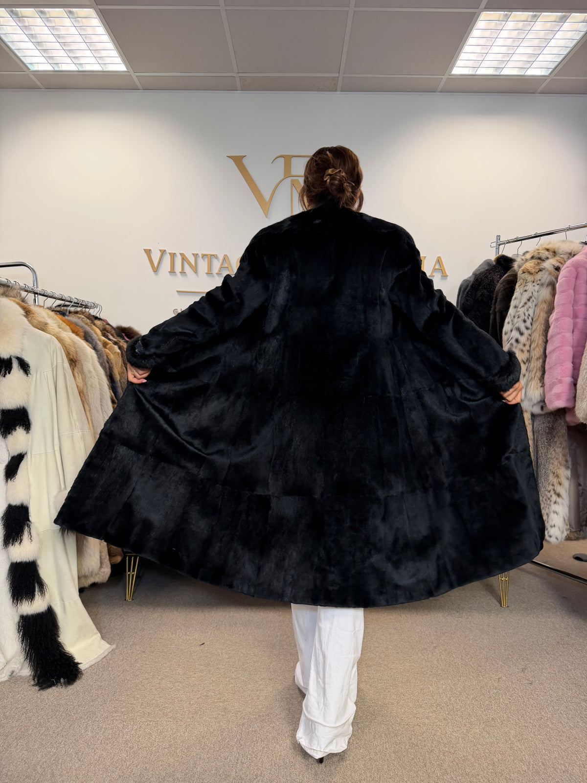 Black Sheared Rabbit Fur Coat, Small, Full Length