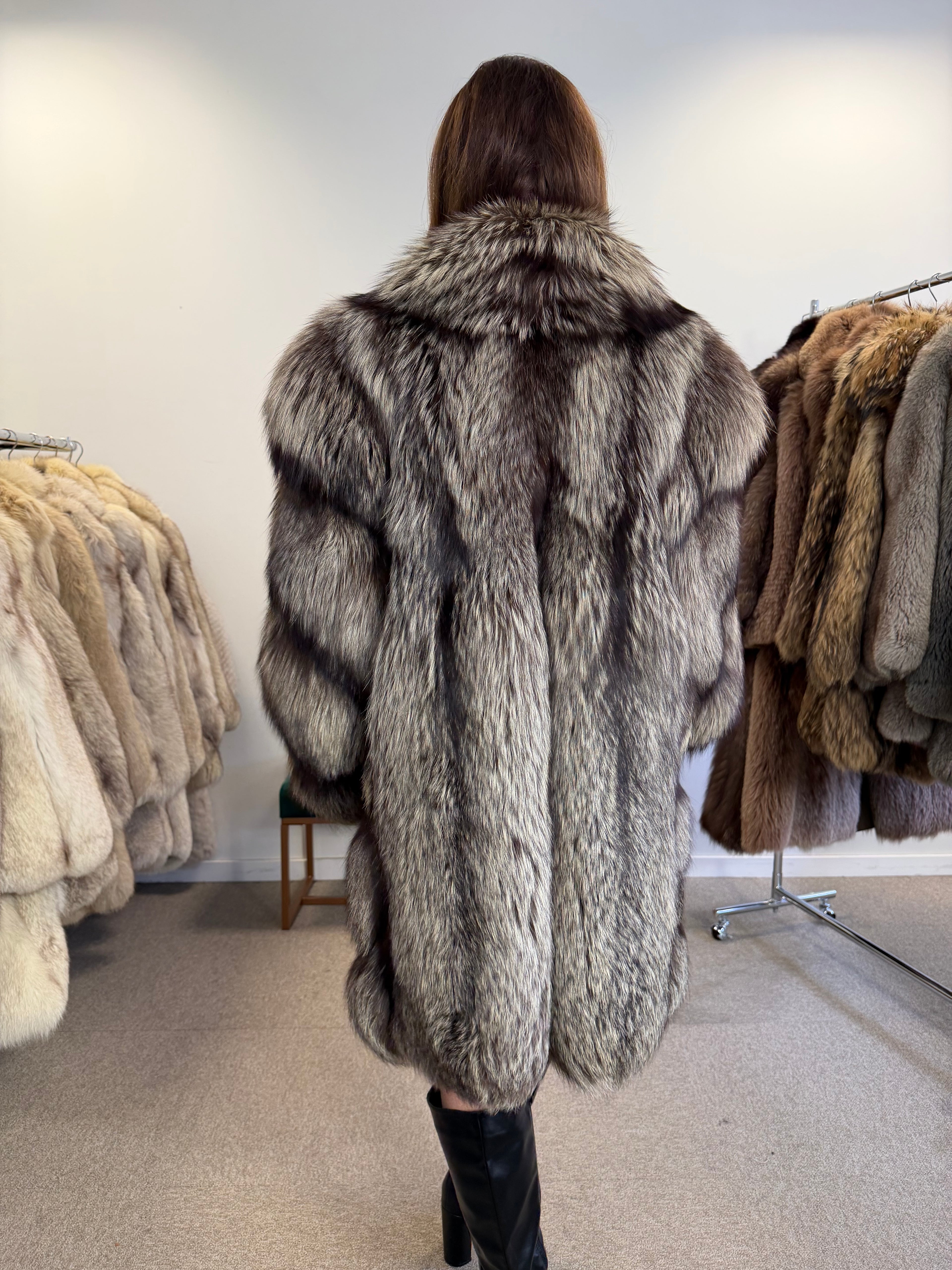 Real Silver Fox Fur Coat, Long Oversized, Size XL