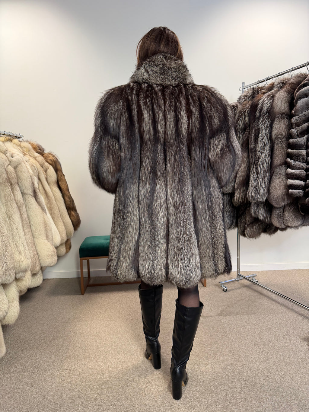 Silver Fox Real Fur Coat, Size L, Stand Up Collar