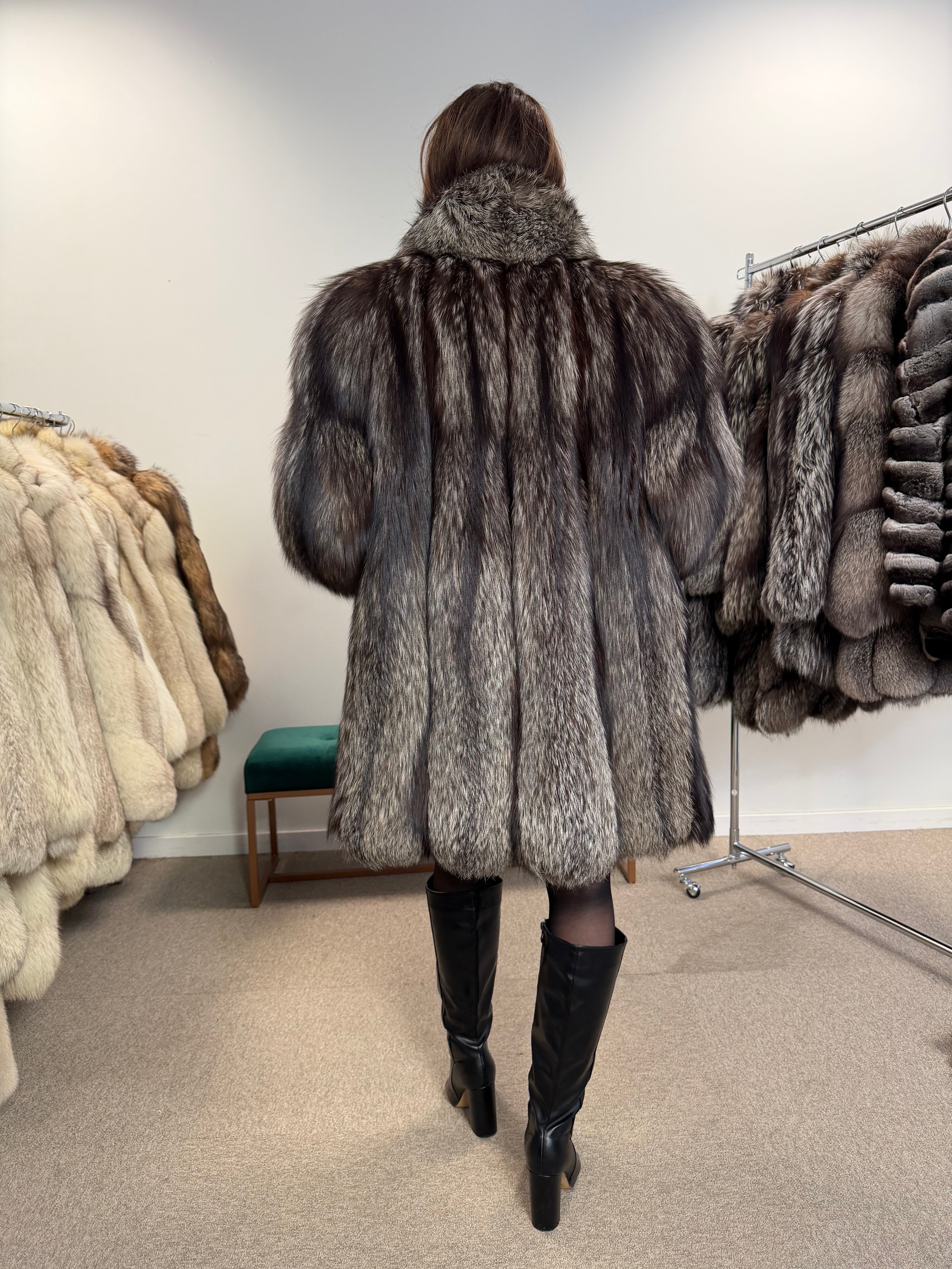 Silver Fox Real Fur Coat, Size L, Stand Up Collar