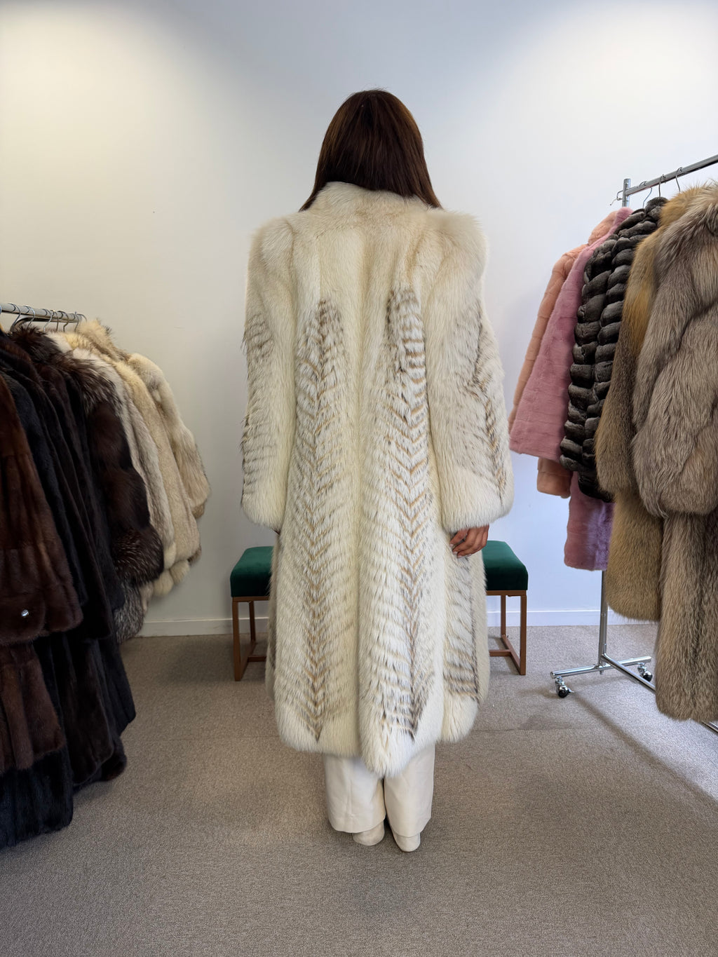 Fox Fur Coat, White with Finn Raccoon, Size M