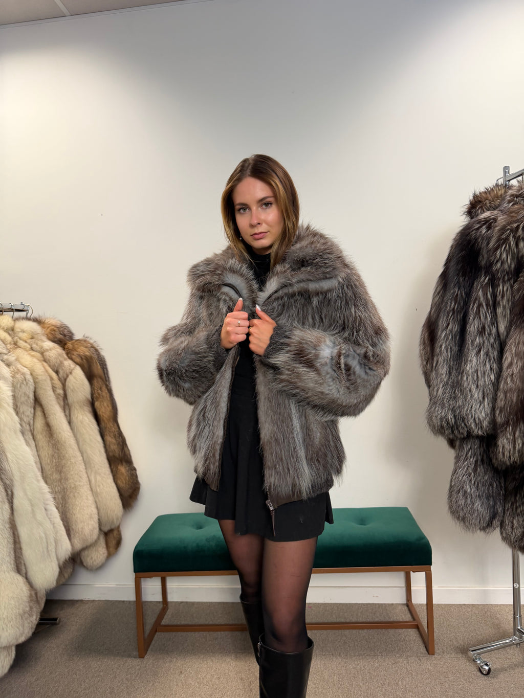 Opossum Fur Jacket, Hooded, Size M