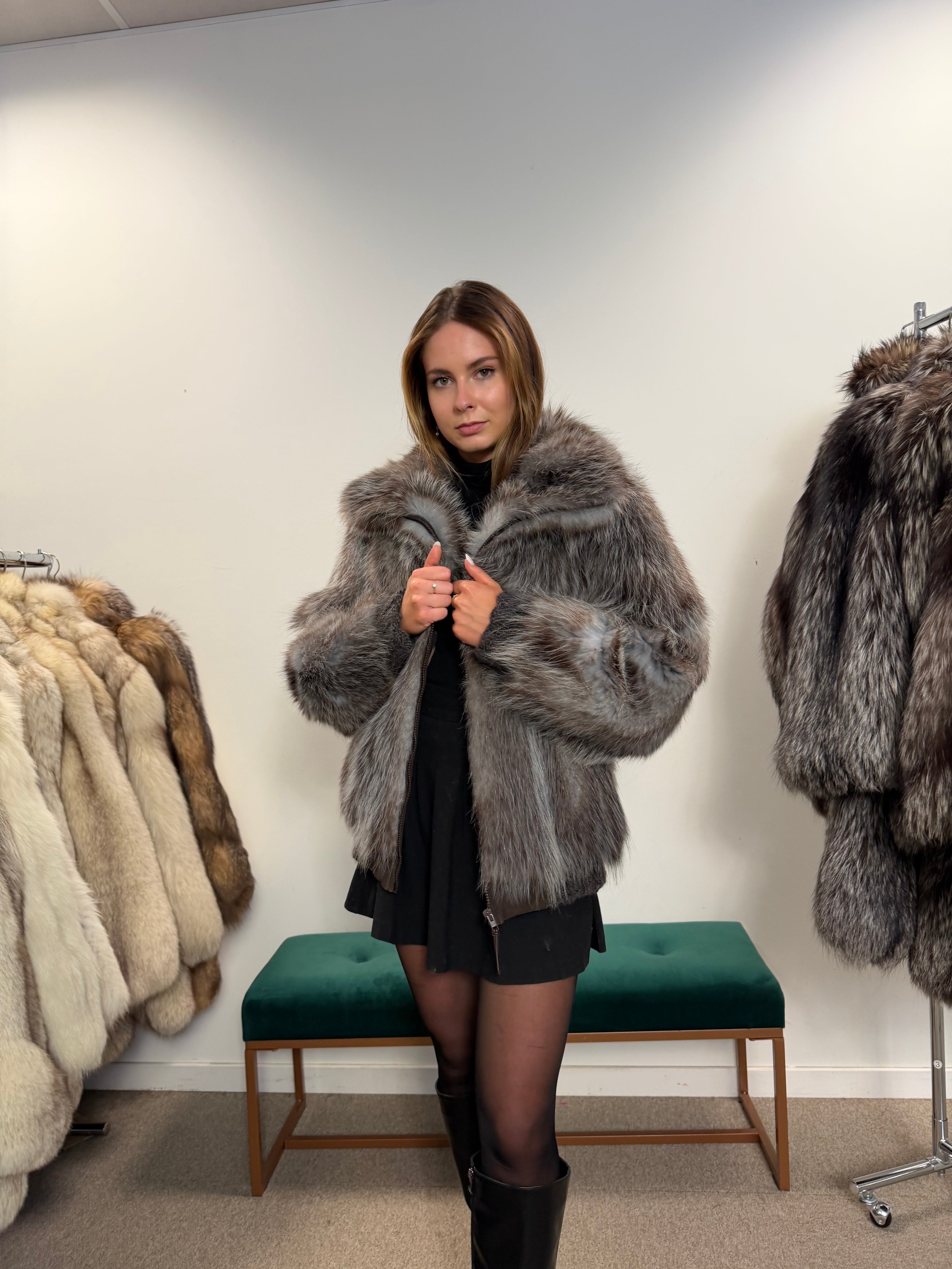 Opossum Fur Jacket, Hooded, Size M