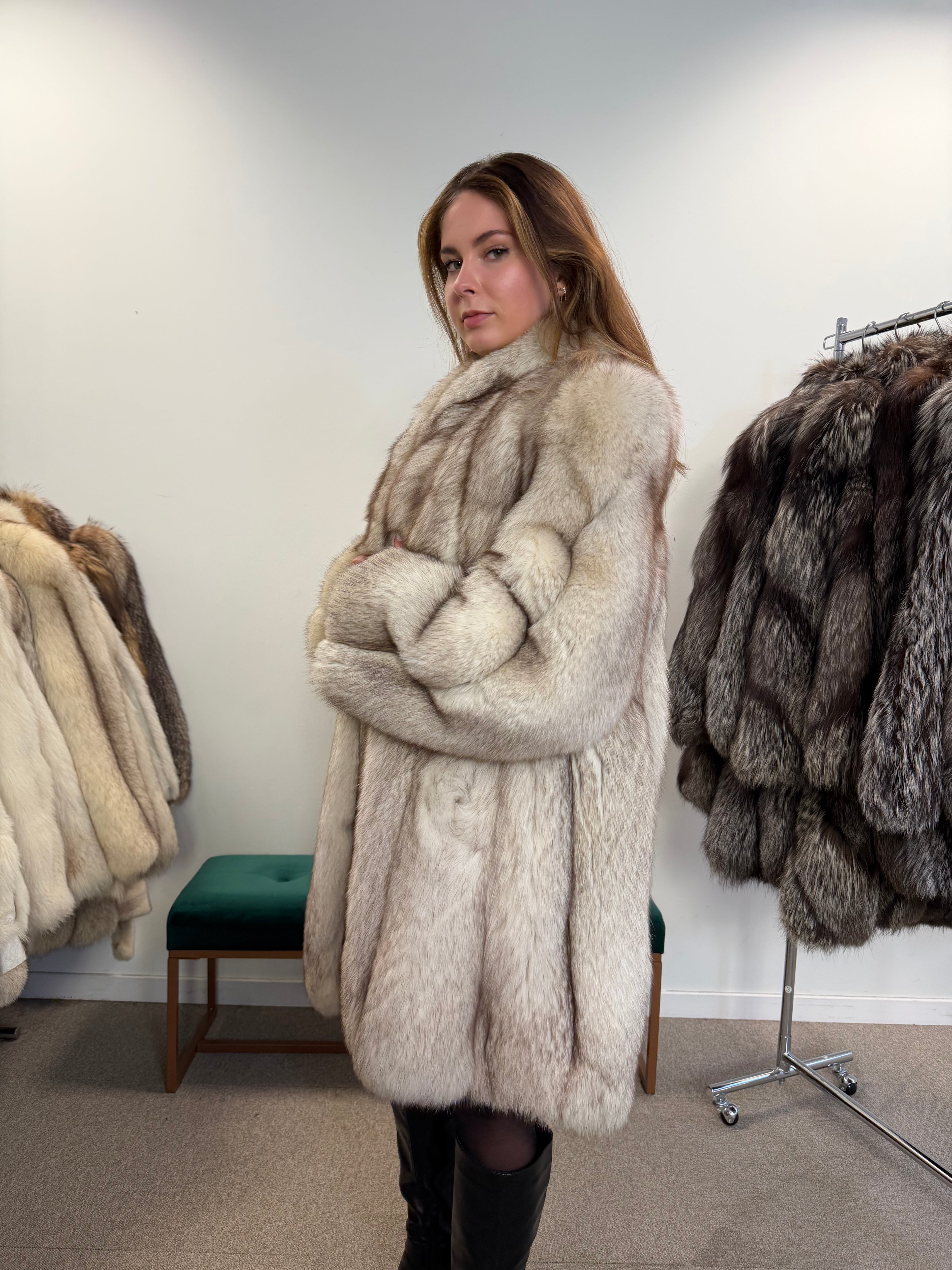 White Nordic Fox Fur Coat, Size XL