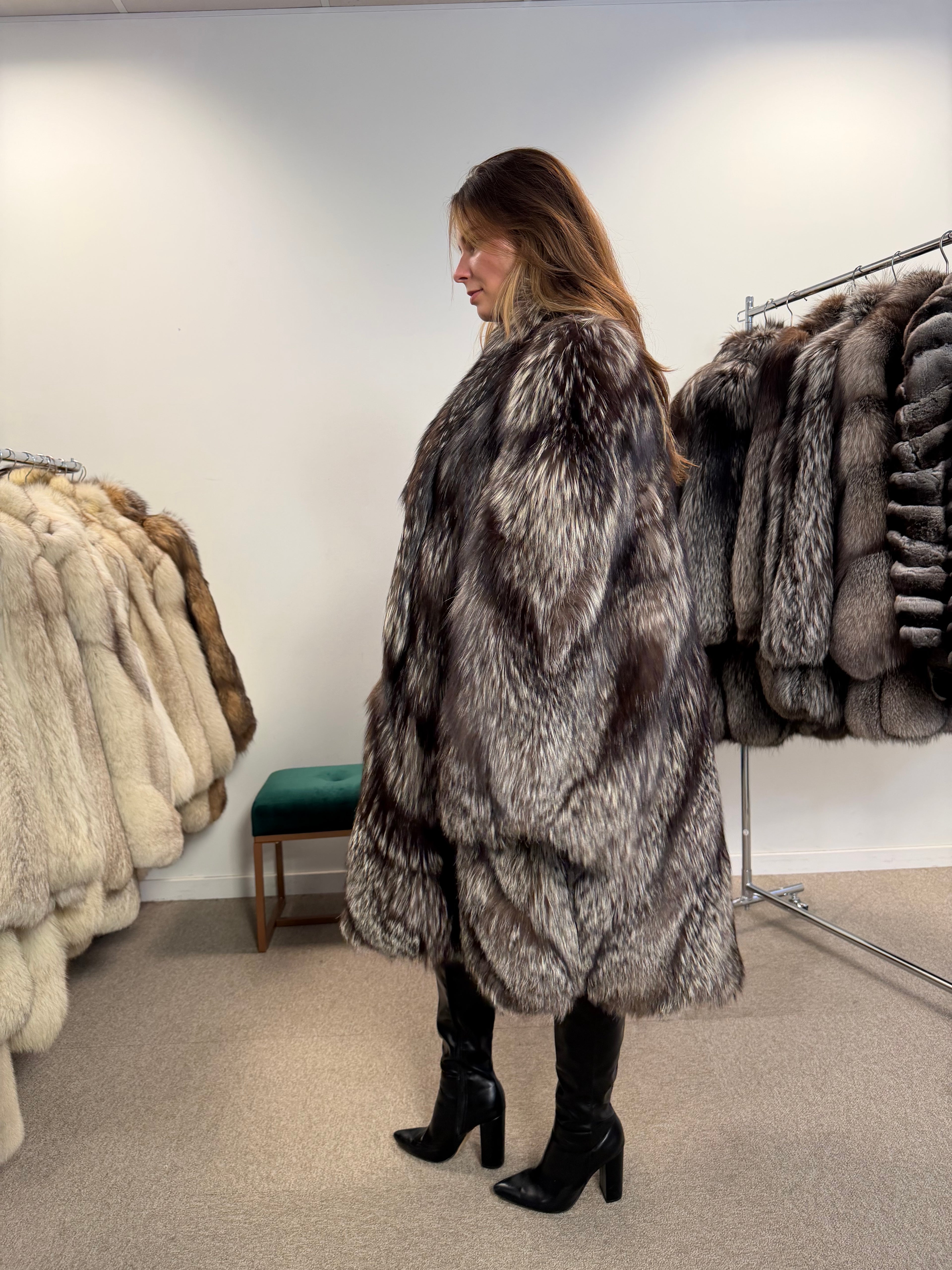 Silver Fox Real Fur Coat, Size XXL, Full Length Shawl Collar