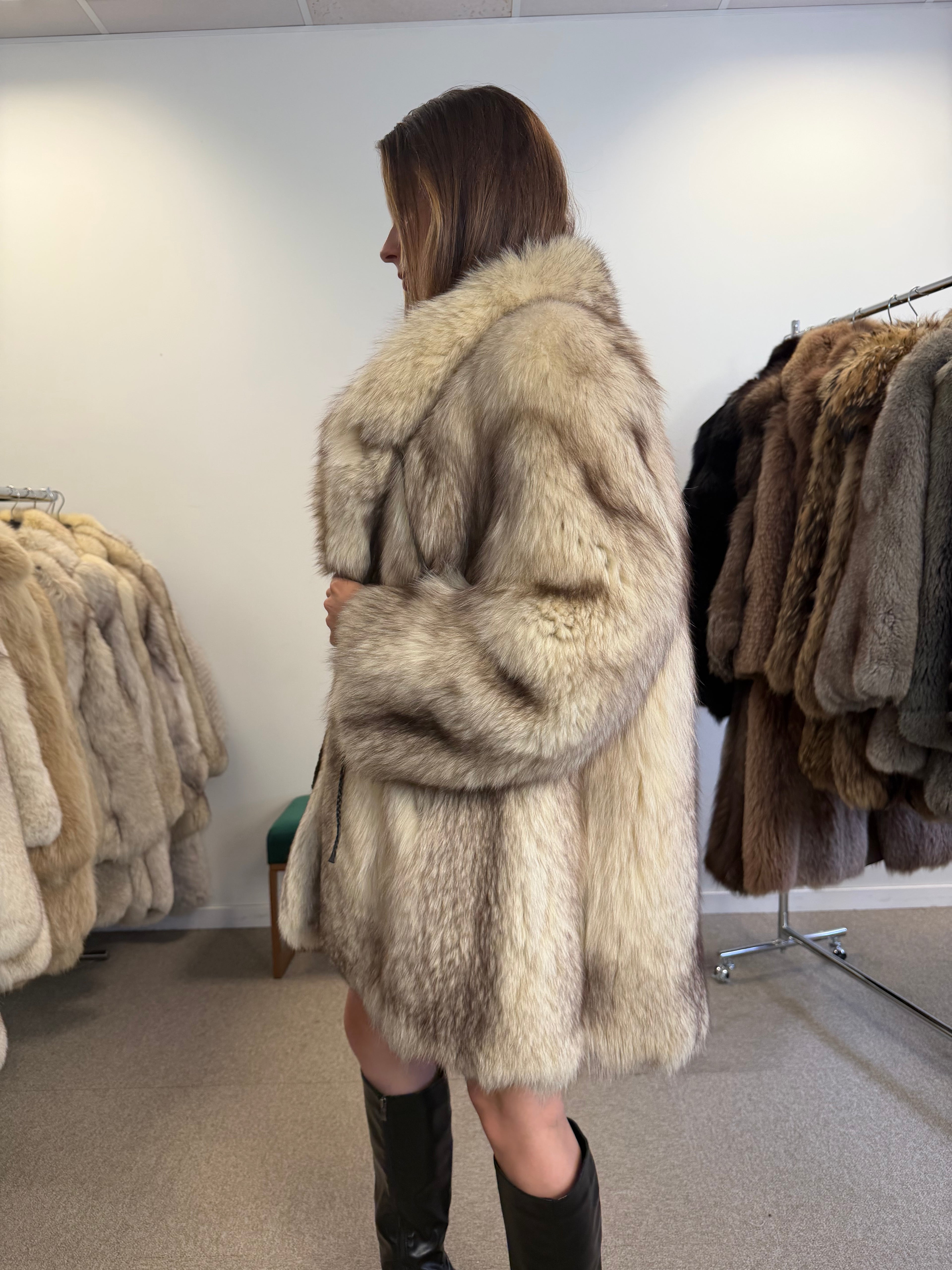 Blue Fox Fur Coat, White, Size L