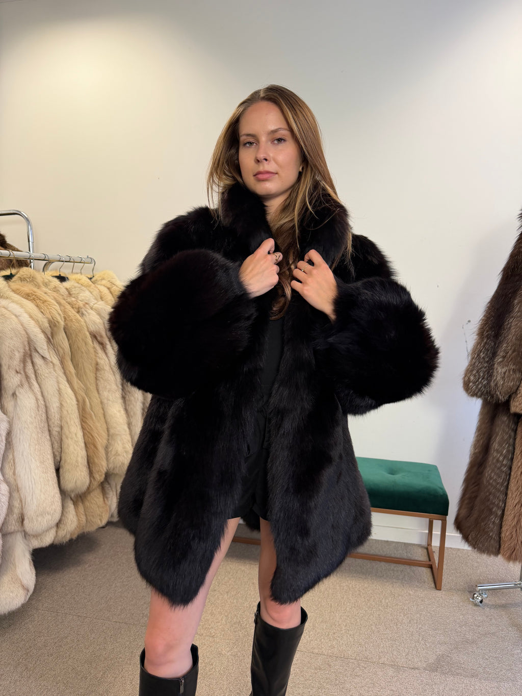 Fox Fur Coat, Black, Size L