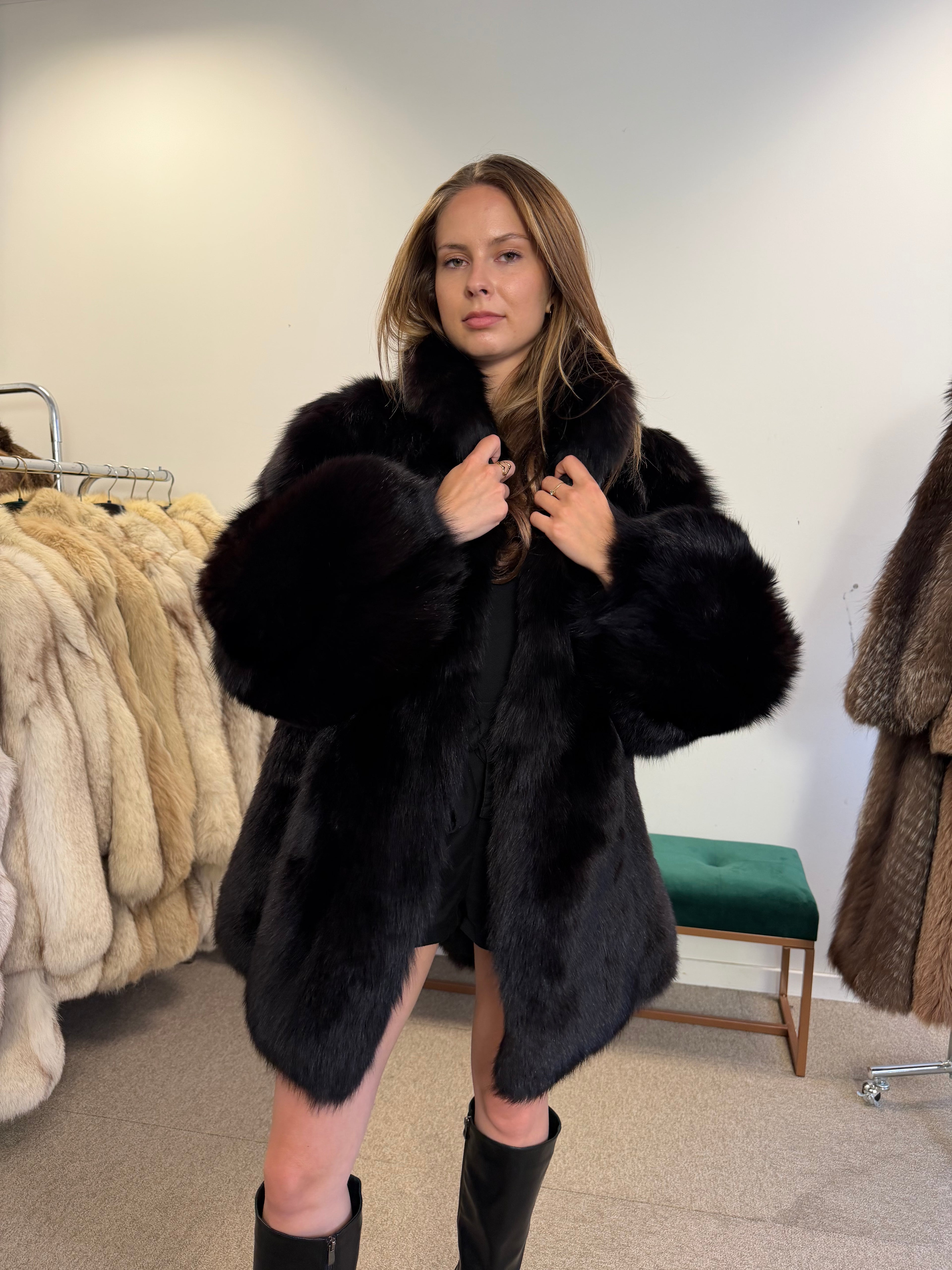 Fox Fur Coat, Black, Size L