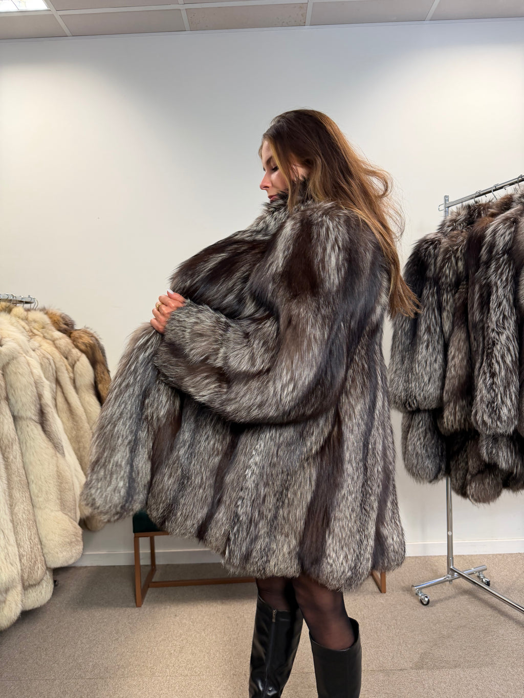 Silver Fox Real Fur Coat, Size L, Stand Up Collar