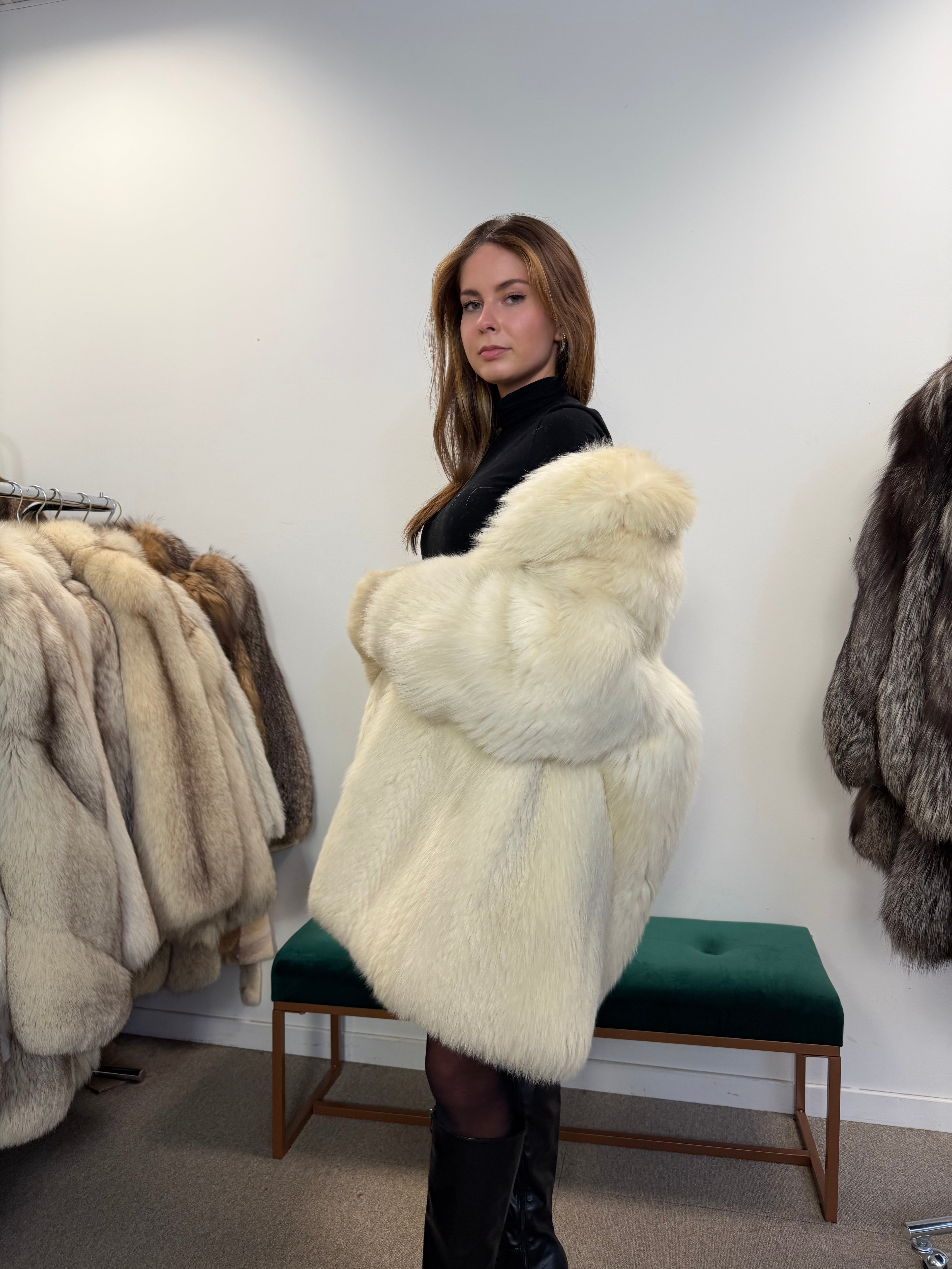 White Arctic Fox Real Fur Coat, Size XL