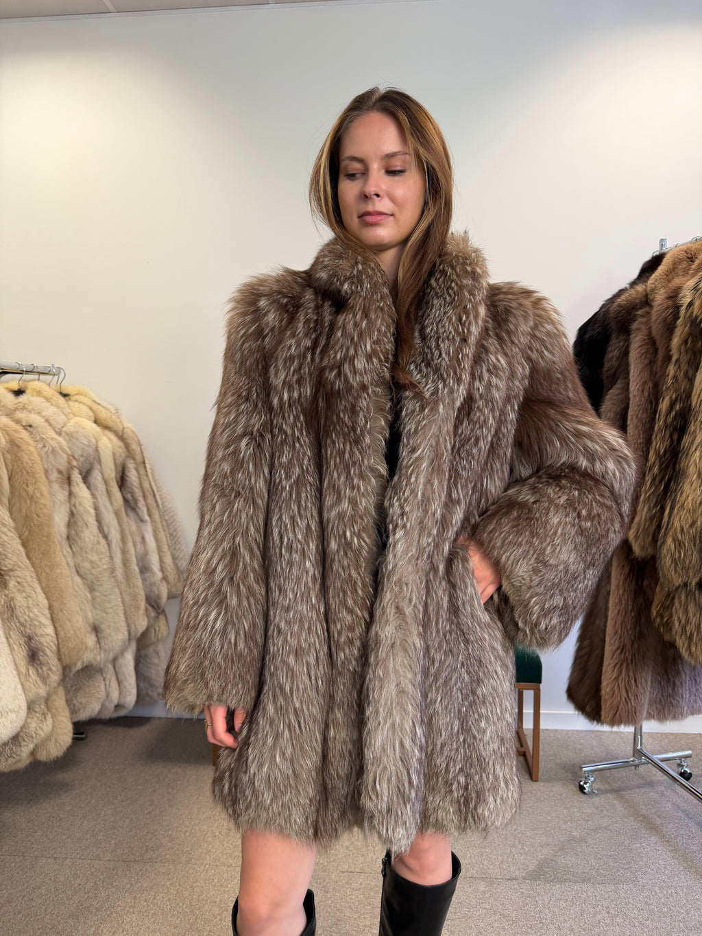 Silver Fox Fur Coat, Hip Length, Size L