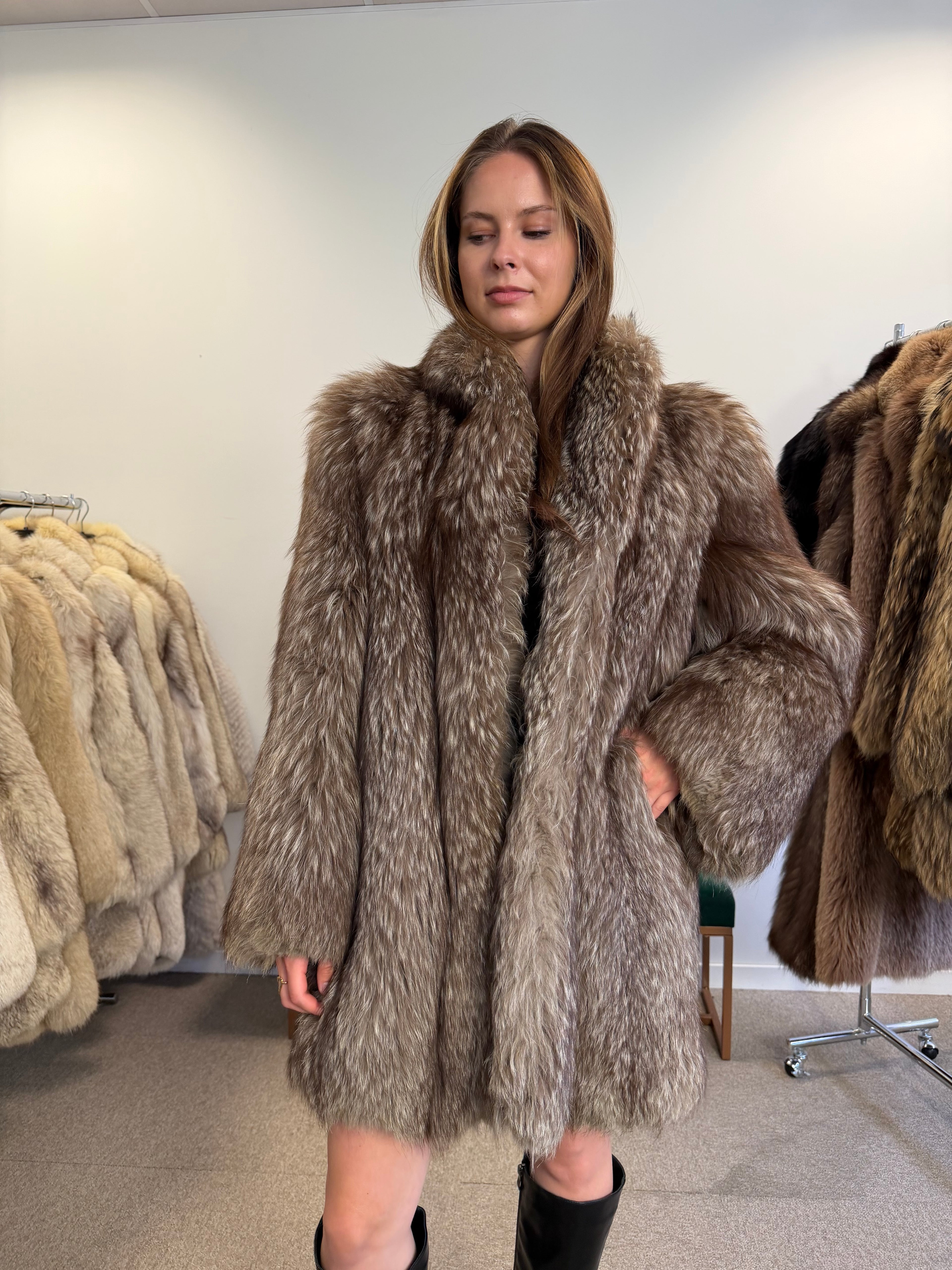 Real Silver Fox Fur Coat, Hip Length, Size L