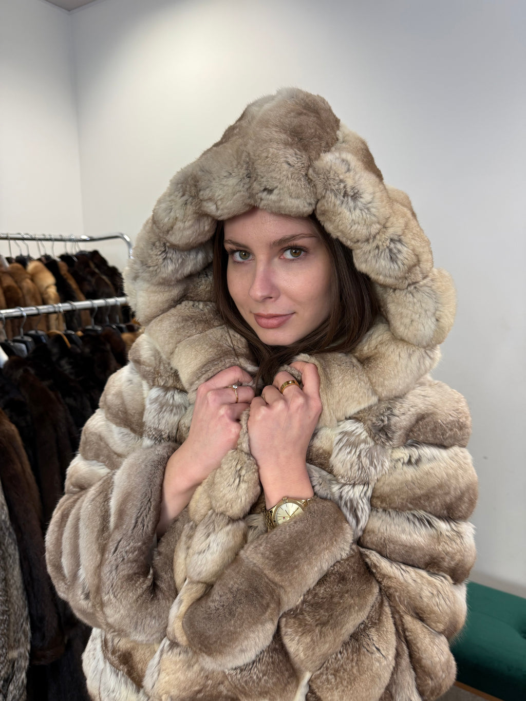 Chinchilla Fur Coat, Light Grey, Hooded, Size M