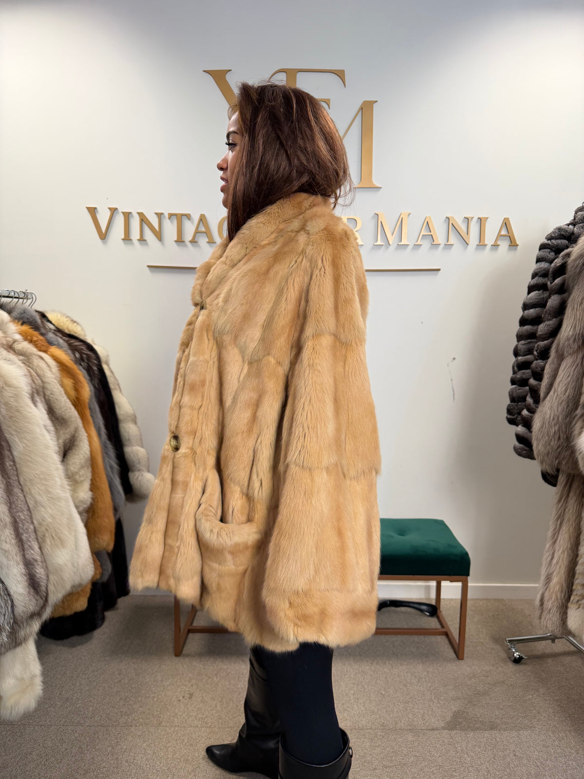 Cream Beige Feh Fur Coat, Butterfly Style, XL