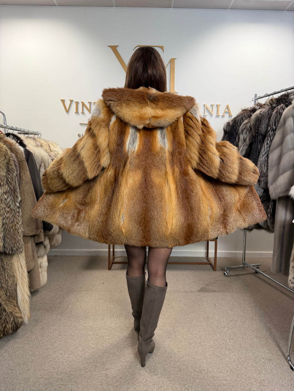 Red Fox Fur Coat, Large, Hooded