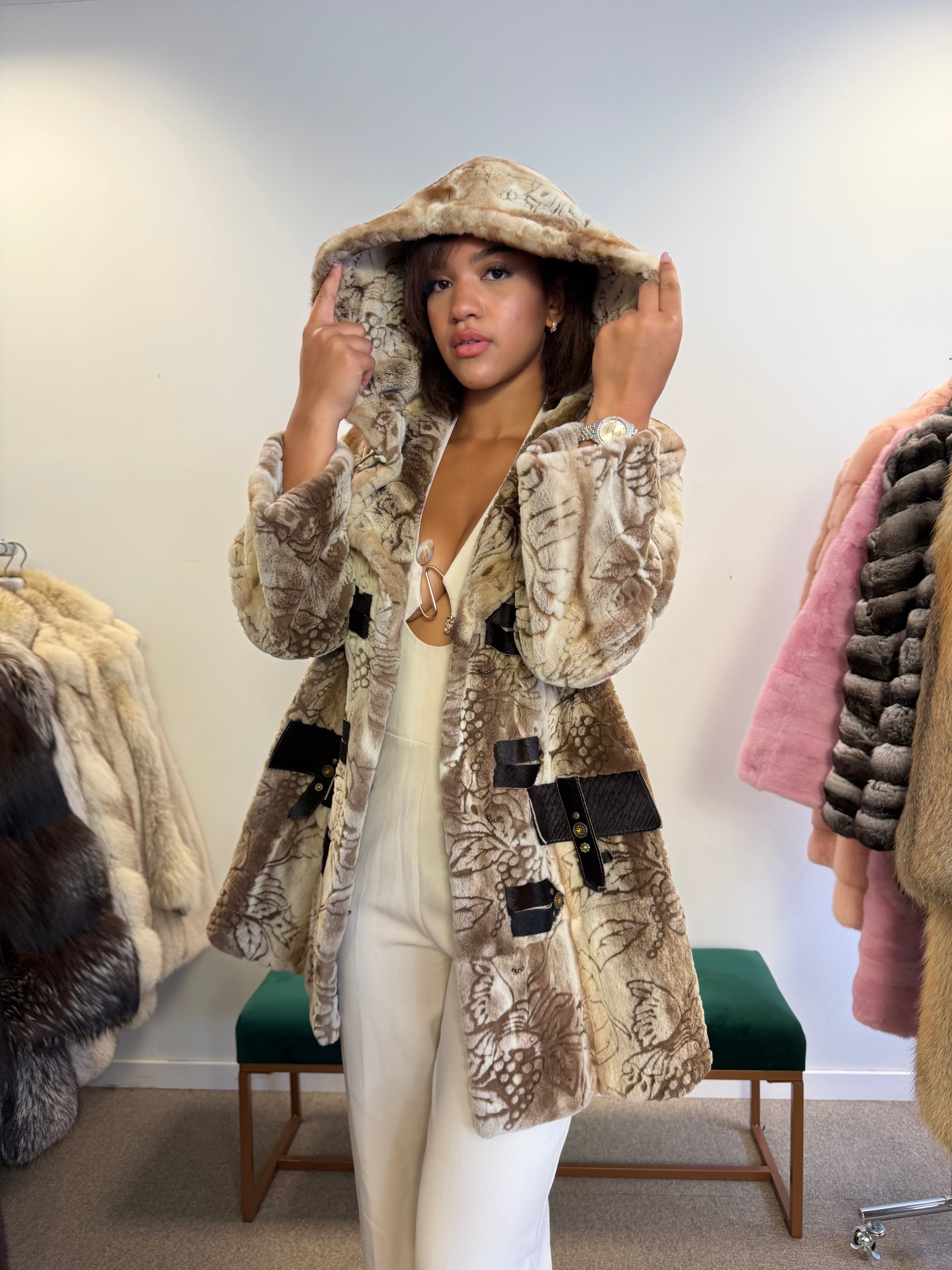 Luxury Mink Fur Coat, Sheared Hooded, Size M