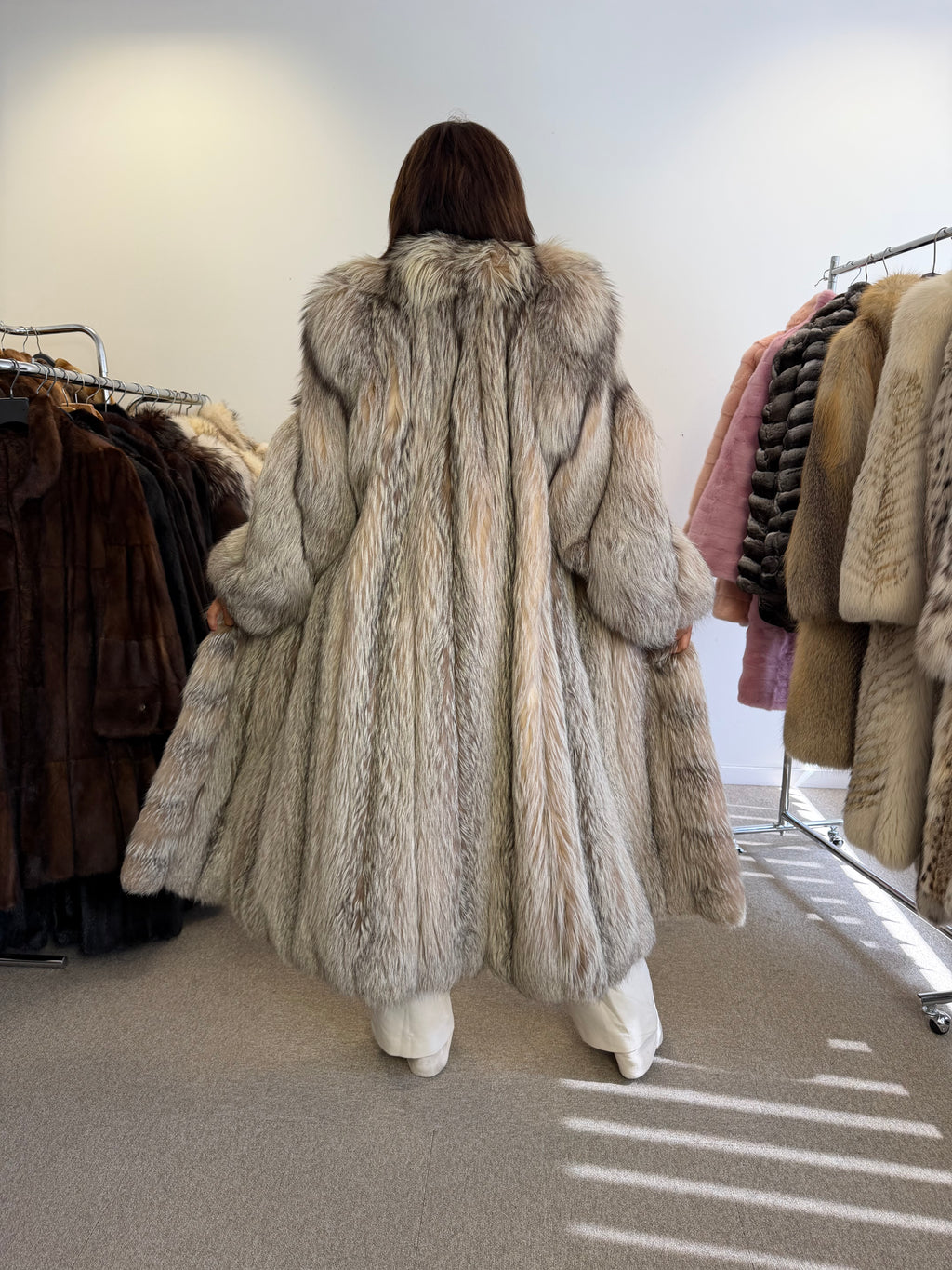 Silver Fox Fur Coat, Full Length, Size L