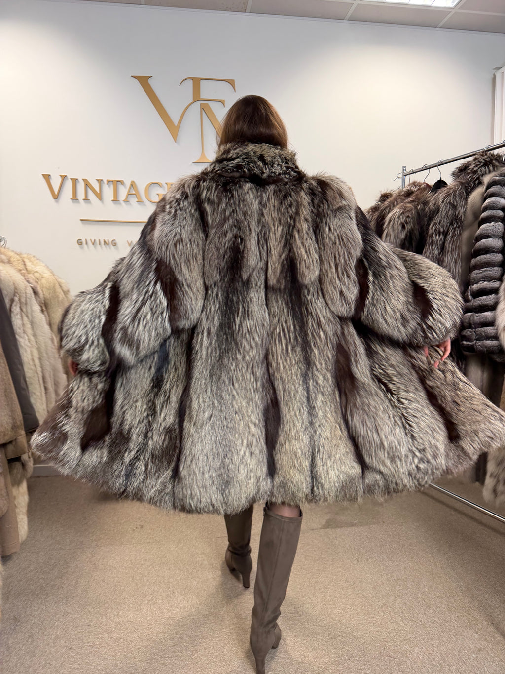 Silver Fox Fur Coat, XL, Super Fluffy