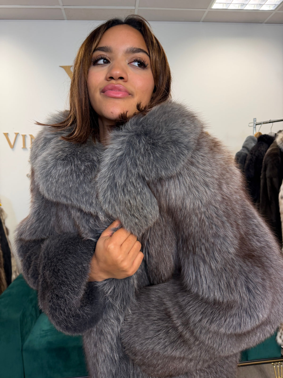 Blue Dyed Fox Fur Jacket, Short, Fits S XS