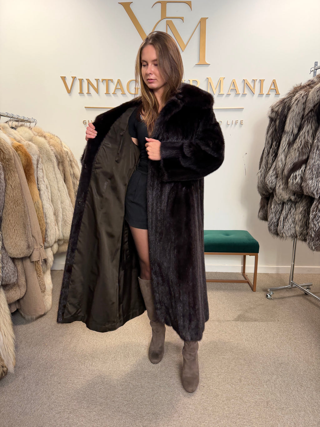 Dark Brown Mink Fur Coat, L/XL, Full Length
