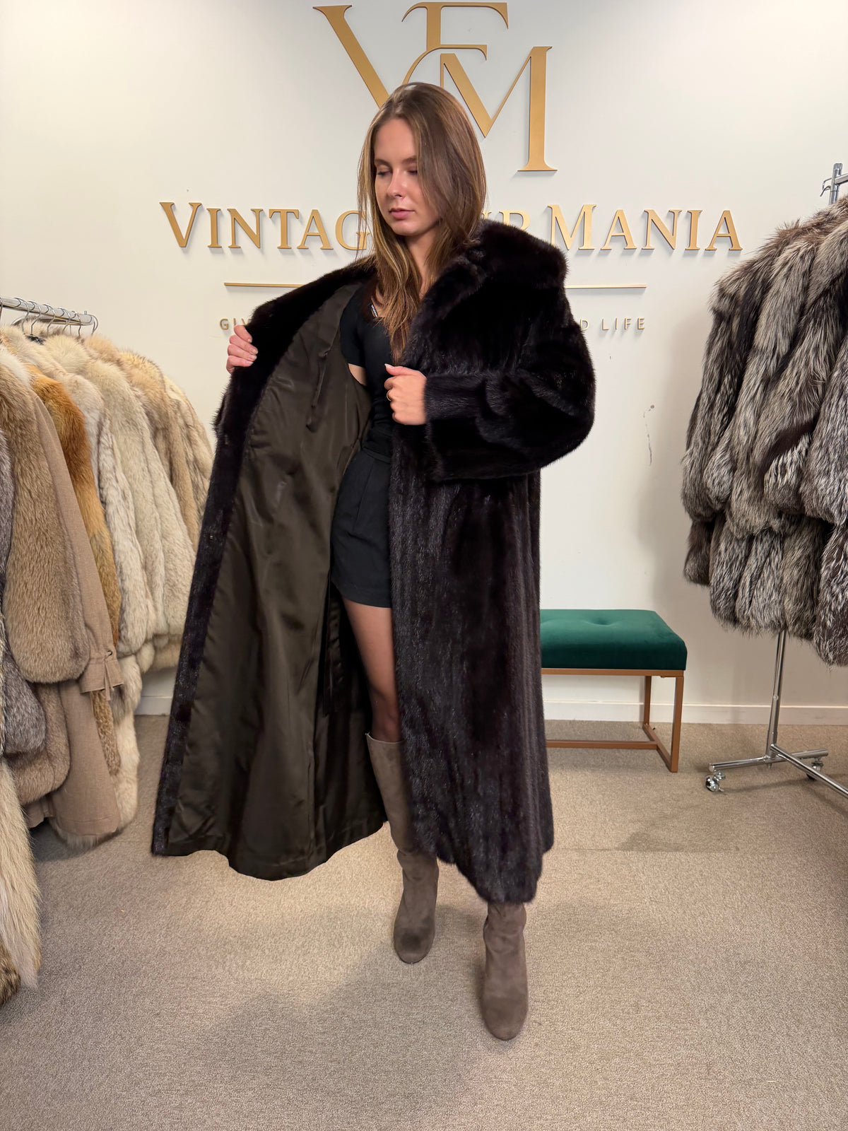 Dark Brown Mink Fur Coat, L/XL, Full Length