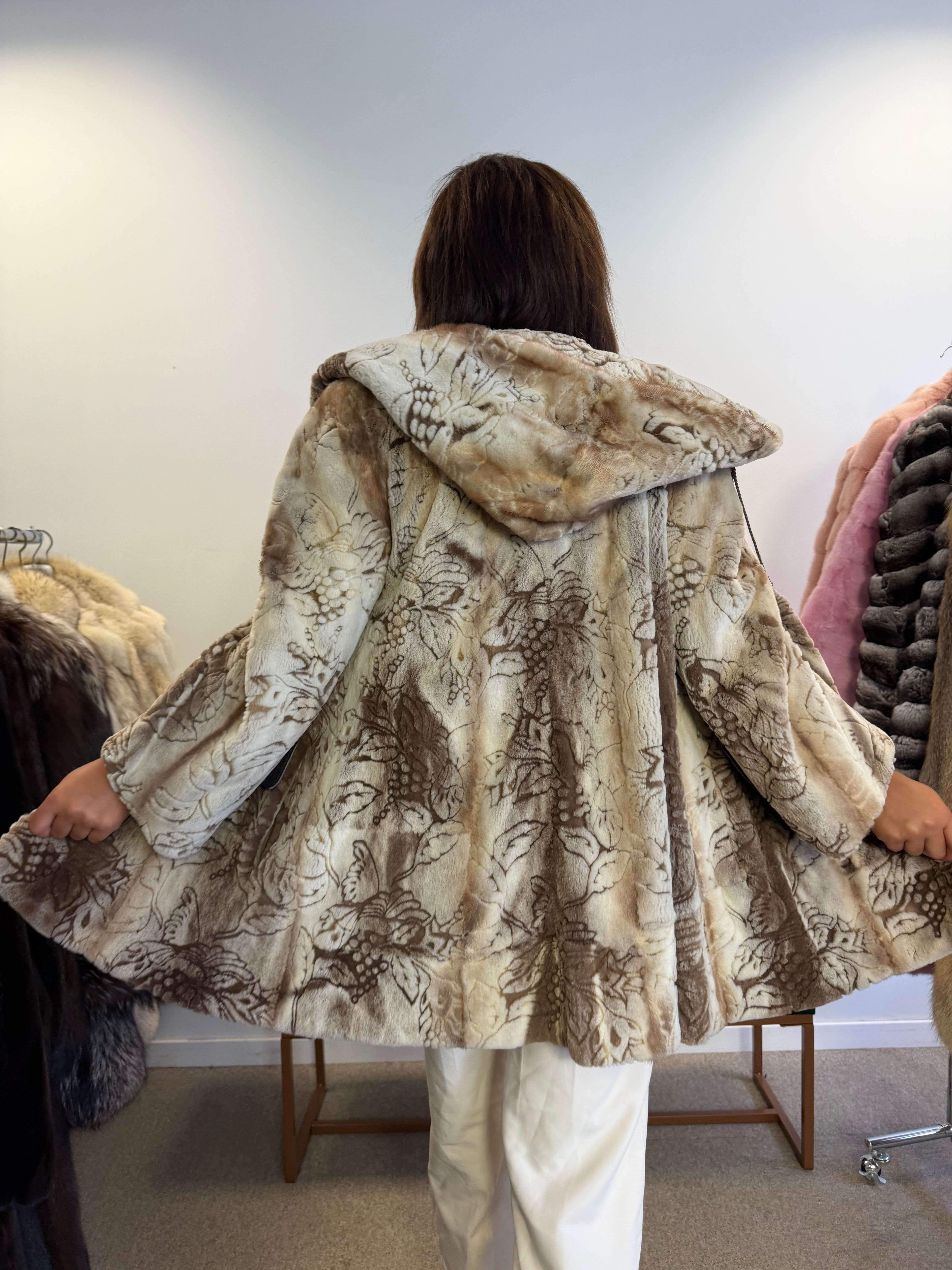Luxury Mink Fur Coat, Sheared Hooded, Size M