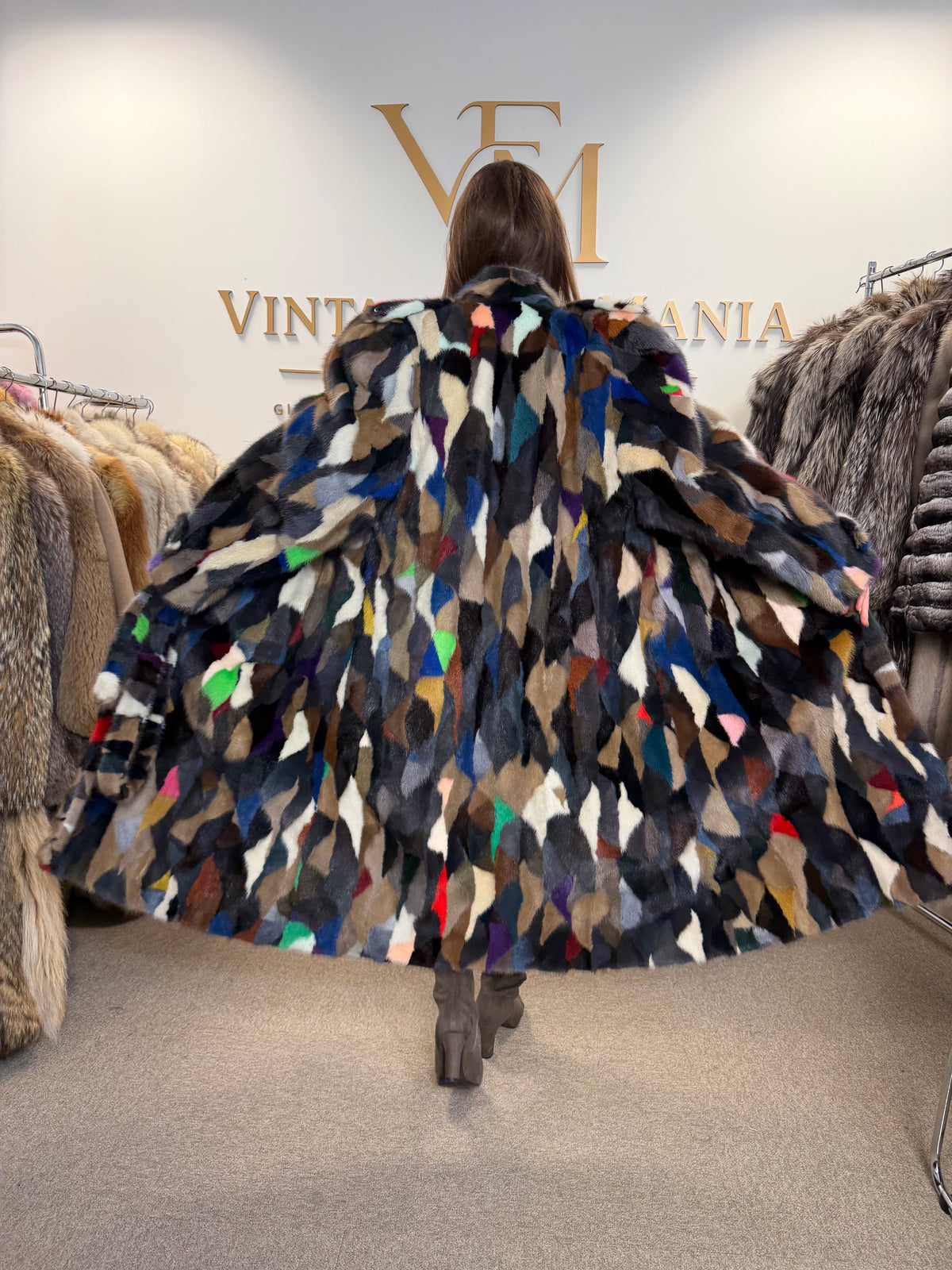 Mixed Colour Dyed Mink Fur Coat, XL, Full Length, Belted